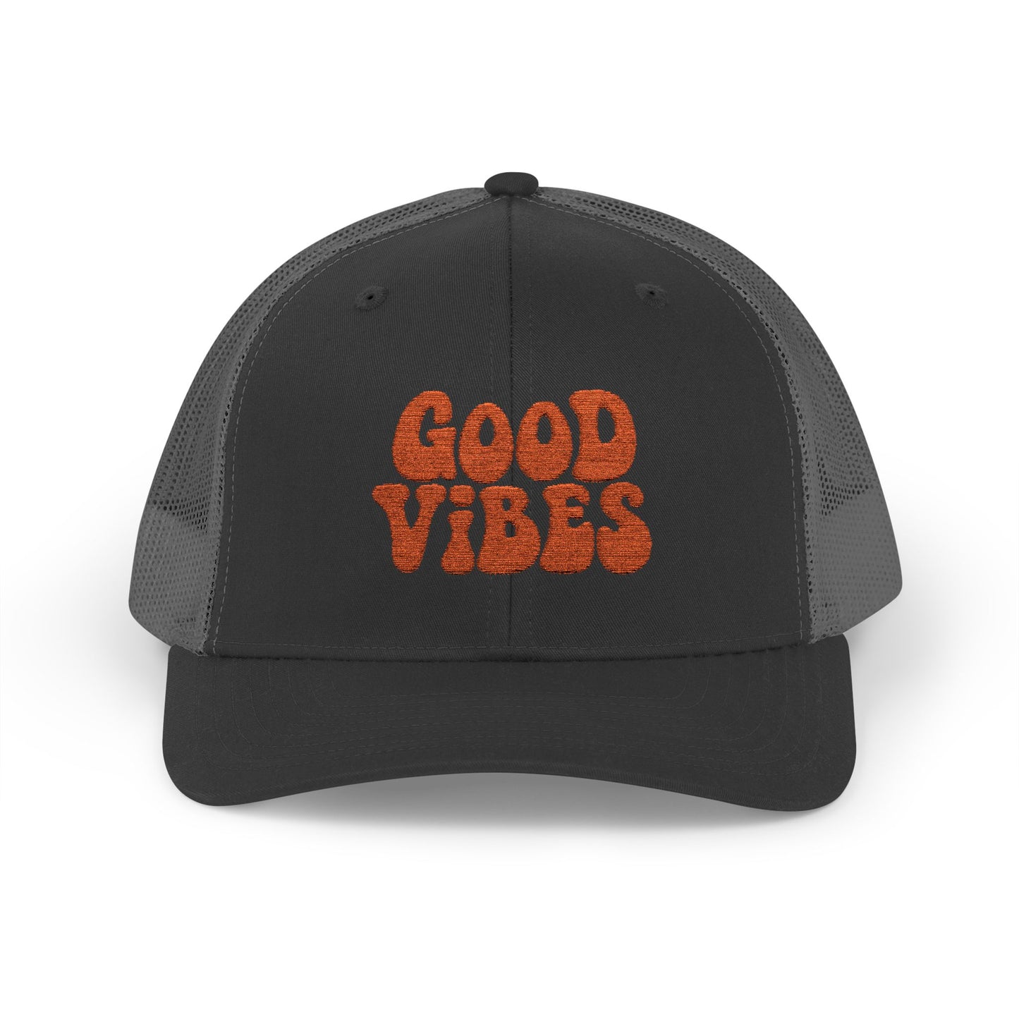 Good Vibes Trucker Hat – Embroidered Retro Text Hat for Positive Vibes, Chill Style, and Everyday Feel-Good Energy. Orange Letters