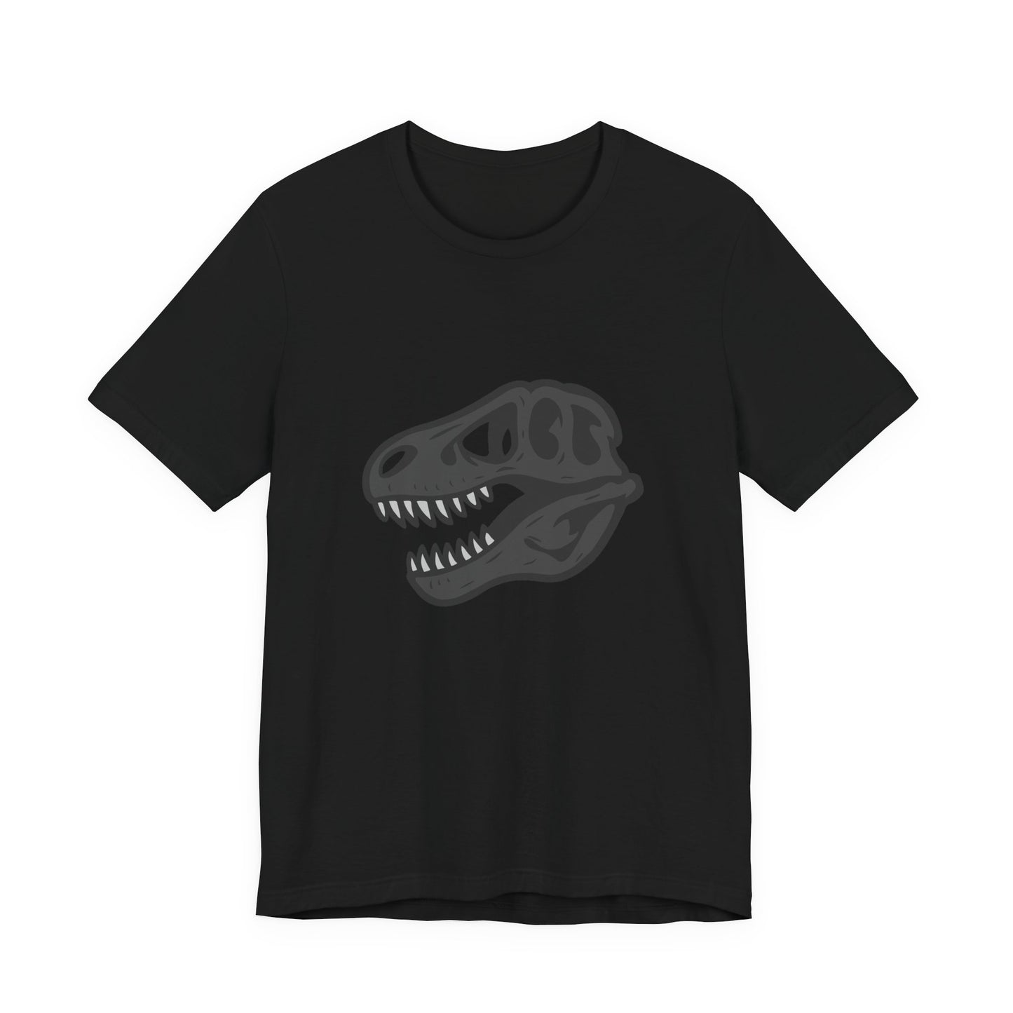 T-Rex Skull Graphic T-Shirt – Dark Theme Grayscale Dinosaur Skeleton Design on Black Tee with Prehistoric Edge and Modern Ghost Effect. Unisex Jersey Short Sleeve Tee