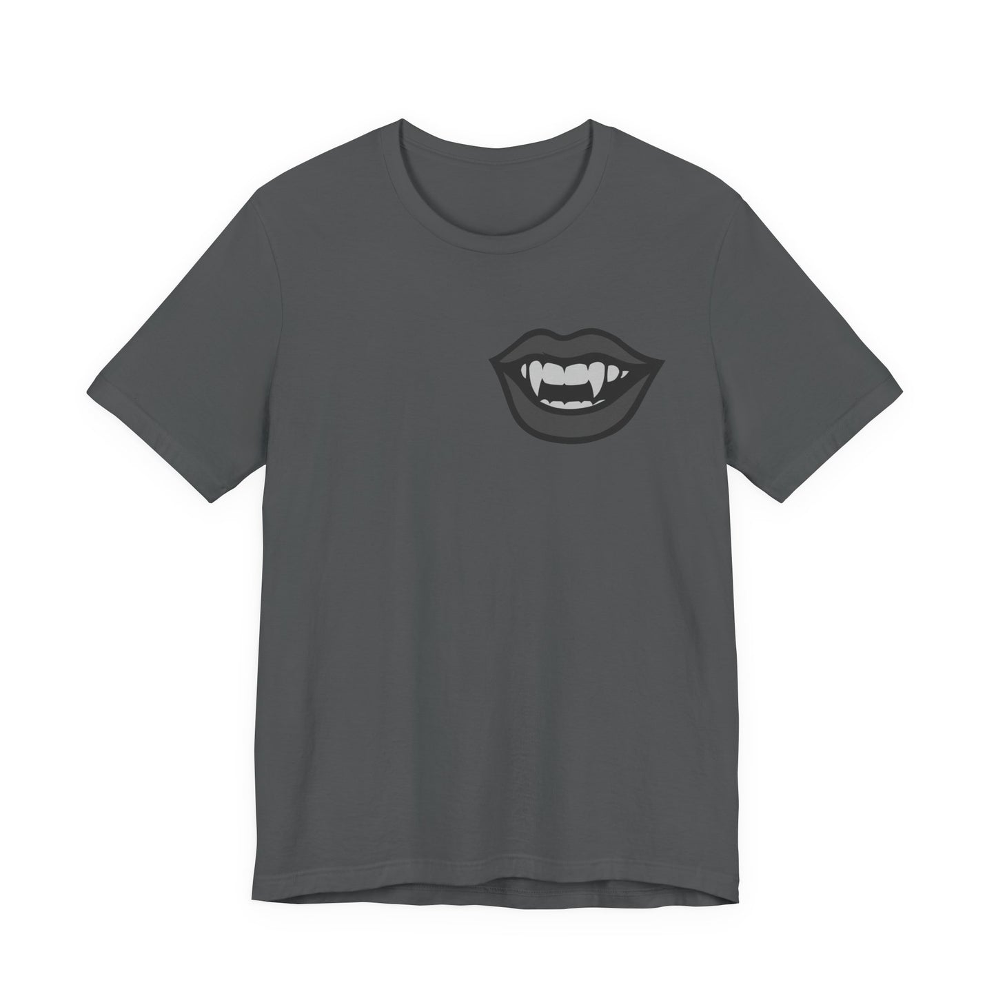 Vampire Mouth Graphic T-Shirt – Dark Theme Grayscale Fanged Lips on Black Tee with Gothic Bite and Modern Ghost Effect. Unisex Jersey Short Sleeve Tee