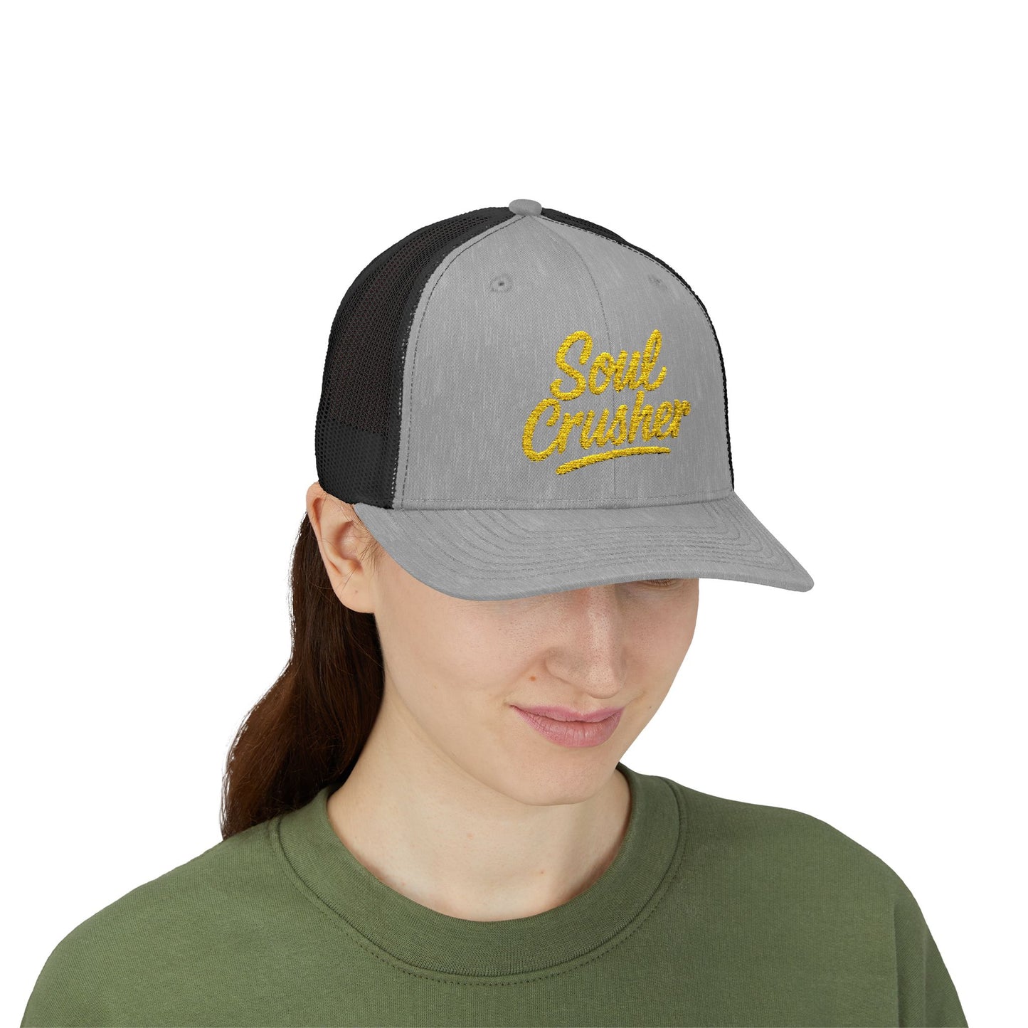 Soul Crusher Trucker Hat – Clean Script Hat with Bold Edge for Heartbreakers, Villains, and Power Moves. Yellow Letters