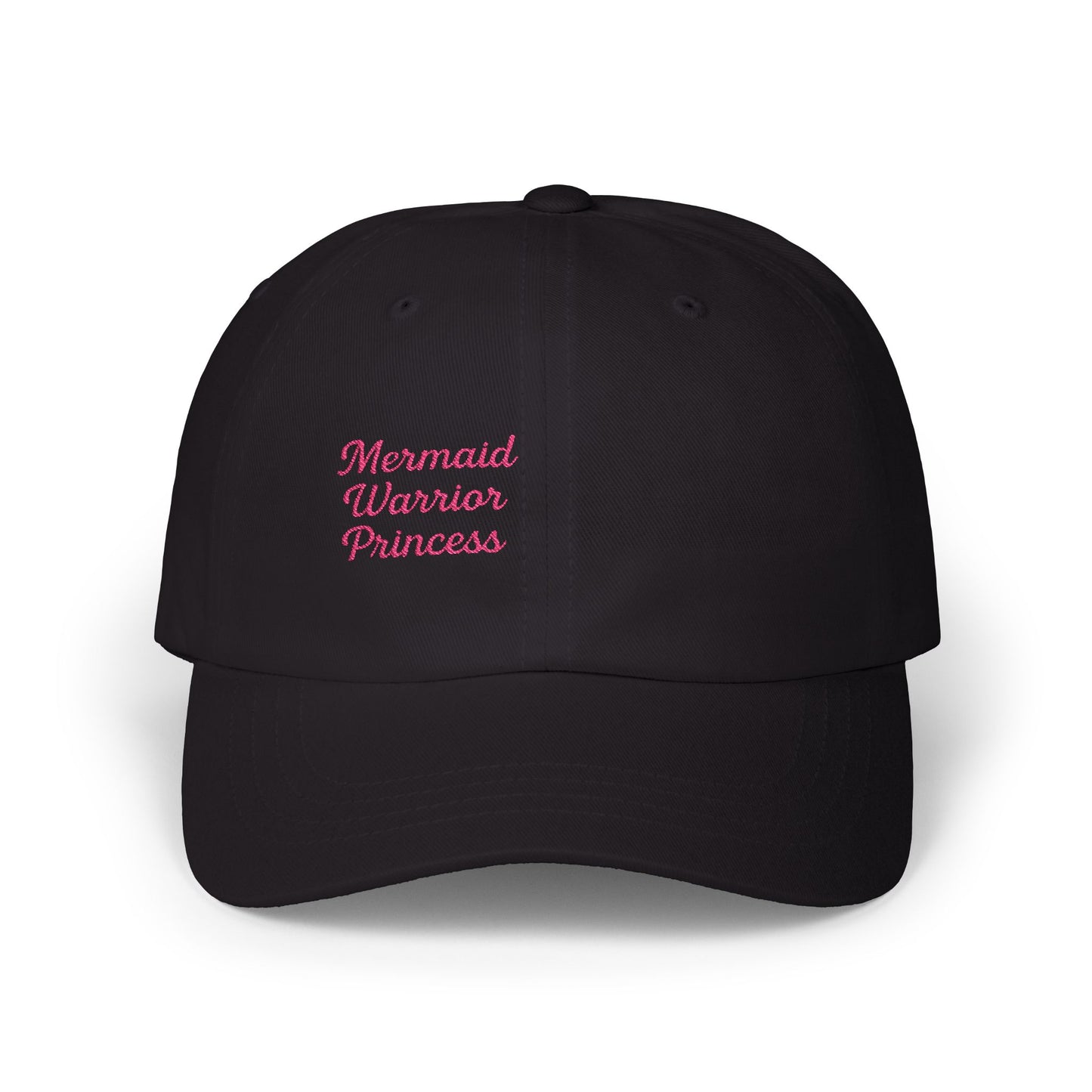 Mermaid Warrior Princess Embroidered Classic Dad Hat – Bold Text Hat for Ocean Queens, Fantasy Fans, and Fierce Beach Style. Pink Letters