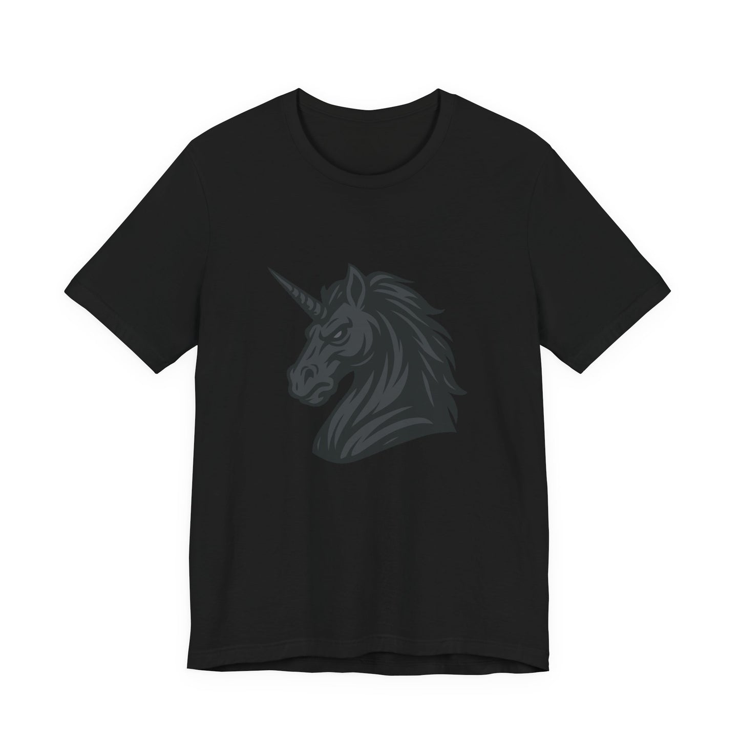 Dark Unicorn Profile T-Shirt – Dark Theme Grayscale Fierce Mythical Horse Design on Black Tee with Gothic Magic and Modern Ghost Effect. Unisex Jersey Short Sleeve Tee