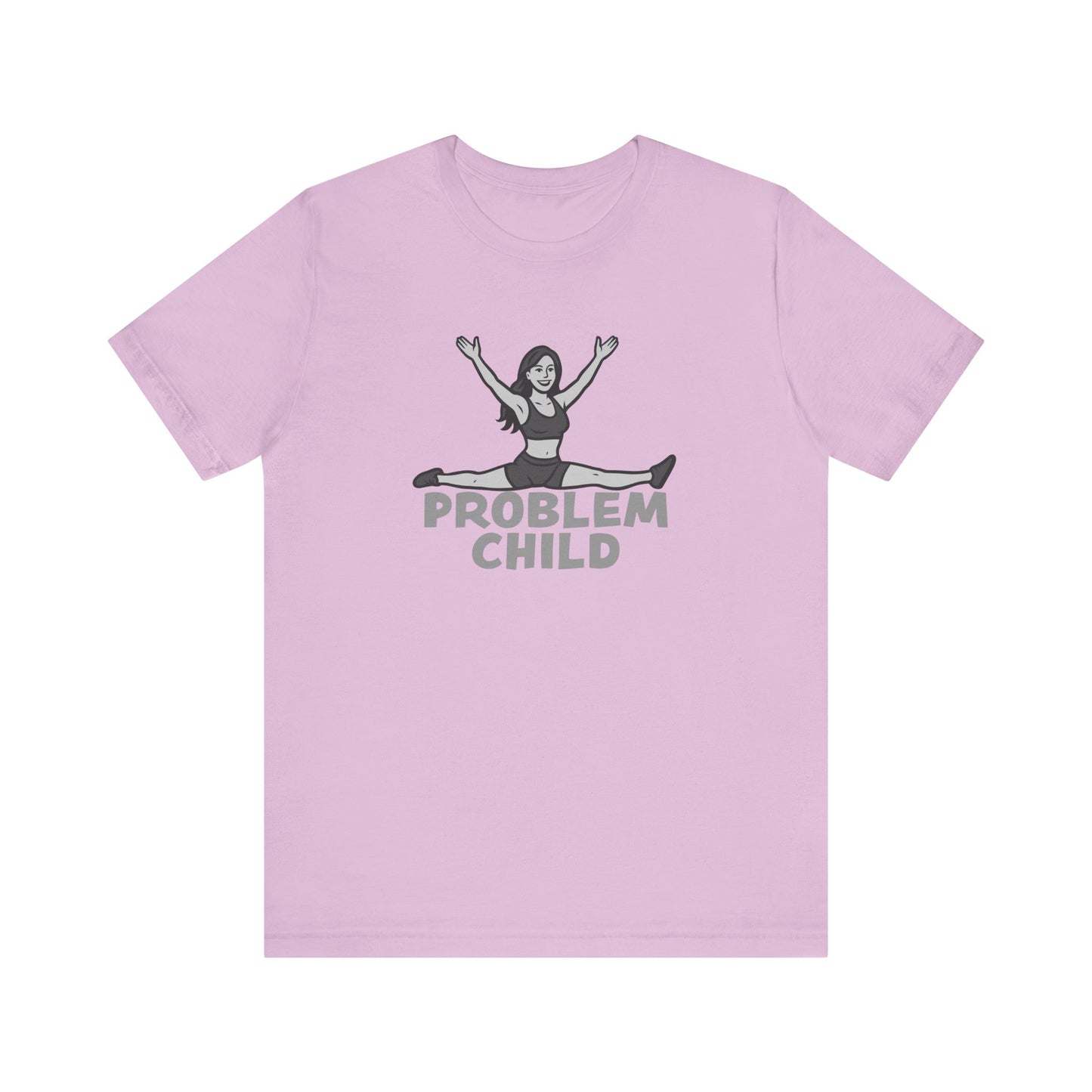 Problem Child Graphic Tee Cheerful Rebel Jump Pose in Bold Dark Theme Monochrome Style. Unisex Jersey Short Sleeve Tee