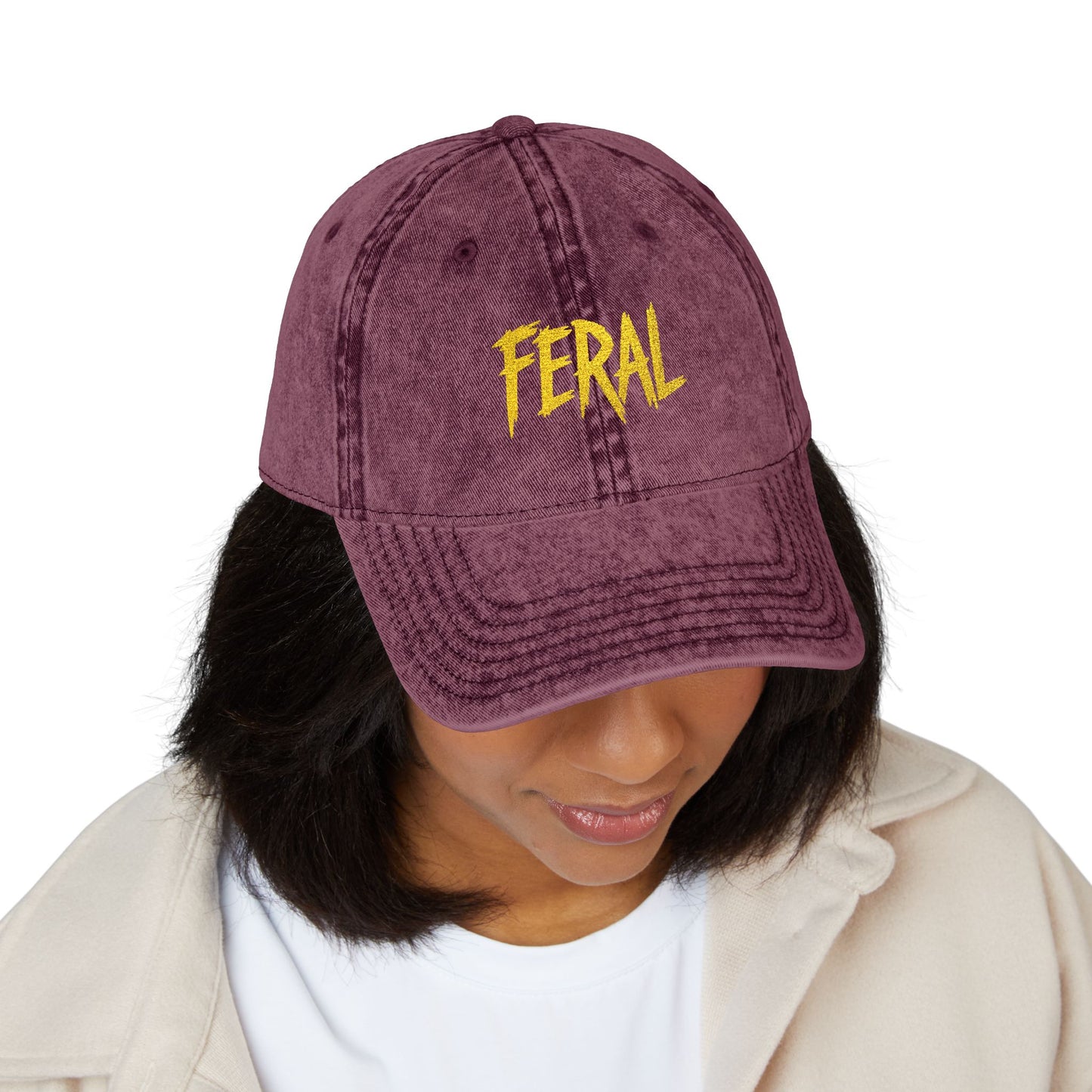 FERAL Vintage Hat – Bold Statement Hat with Wild Energy Font for Rebels, Misfits, and Chaos Enthusiasts
