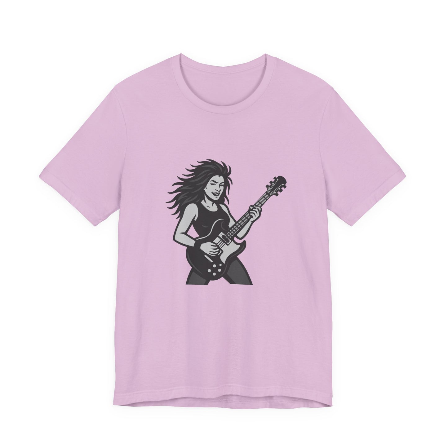 Rock Guitar Girl Graphic T-Shirt – Dark Theme Grayscale Electric Guitarist Design on Black Tee with Music Attitude and Modern Ghost Effect. Unisex Jersey Short Sleeve Tee