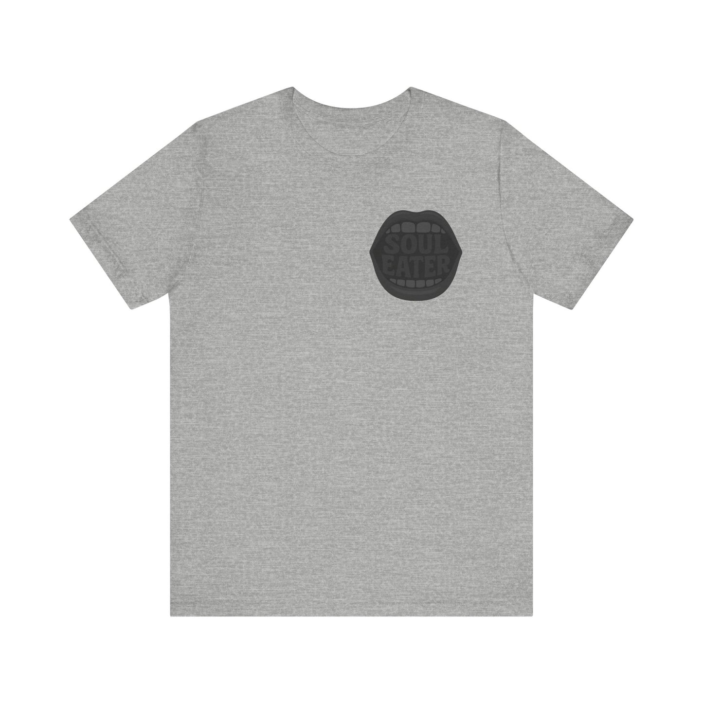 Soul Eater Mouth Graphic T-Shirt – Dark Theme Grayscale Teeth Typography on Black Tee with Horror Vibes and Modern Ghost Effect. Unisex Jersey Short Sleeve Tee
