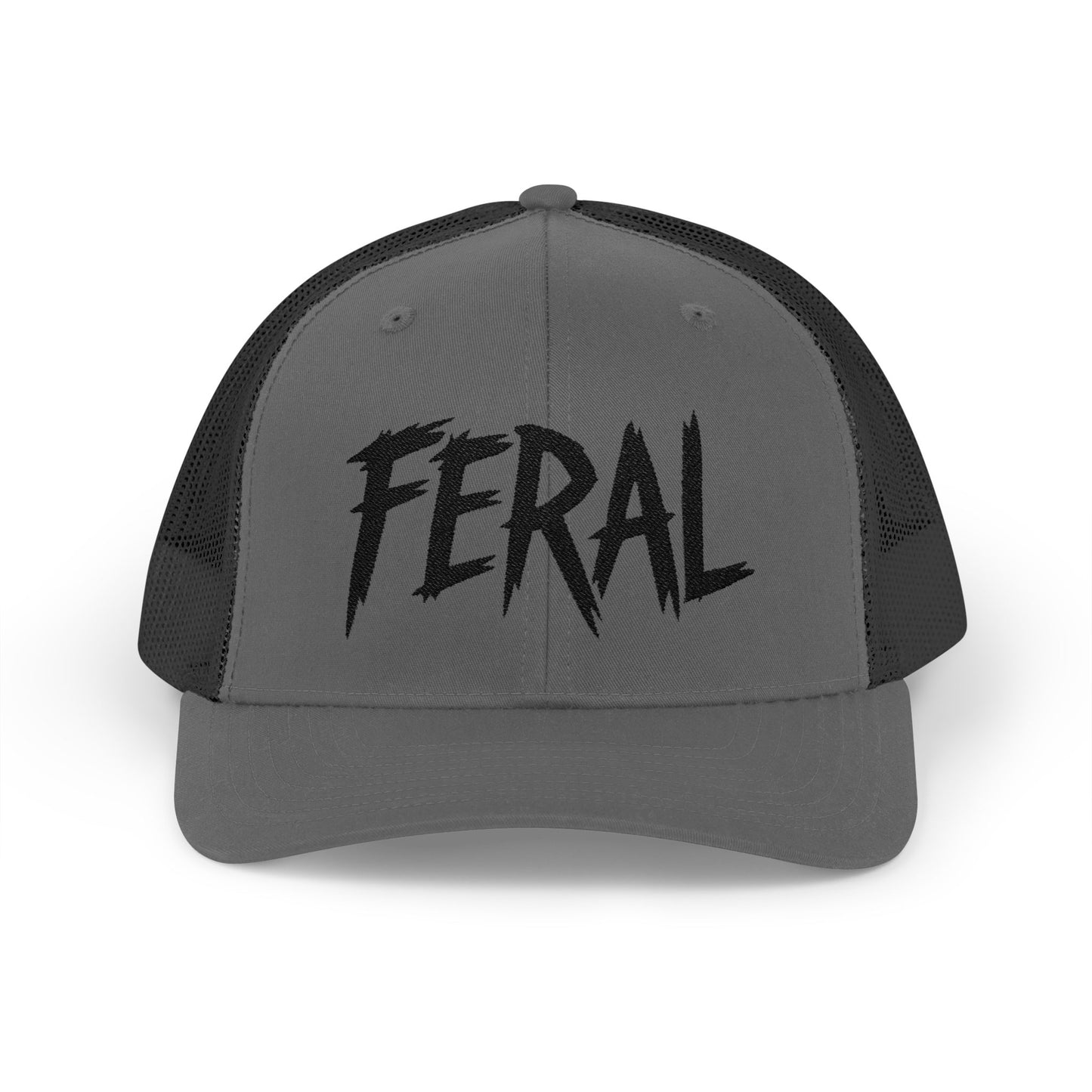 FERAL Embroidered Trucker Hat – Bold Statement Baseball Hat with Wild Energy Font for Rebels, Misfits, and Chaos Enthusiasts