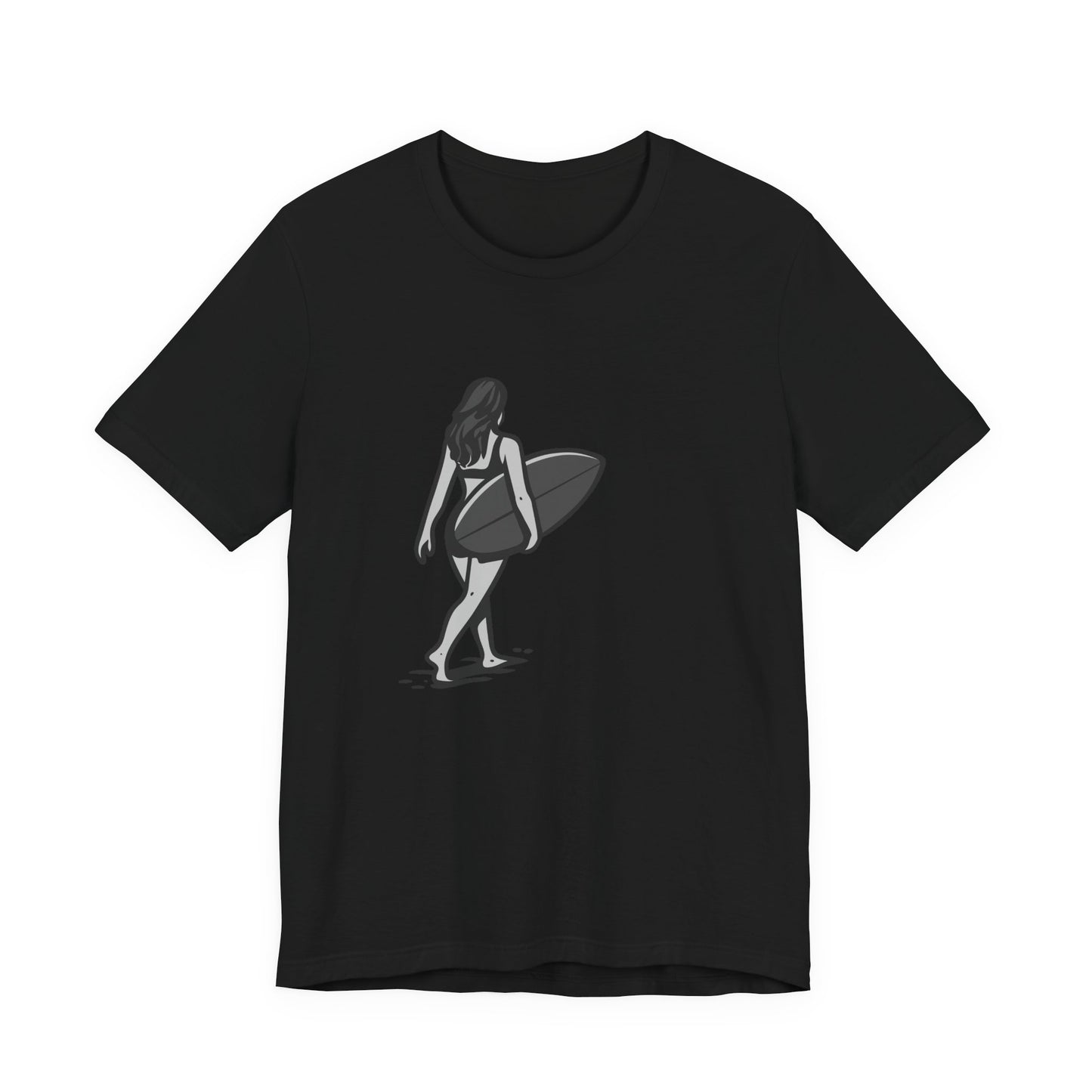 Surfer Girl Walking Graphic T-Shirt – Dark Theme Grayscale Beach Scene on Black Tee with Coastal Calm and Modern Ghost Effect. Unisex Jersey Short Sleeve Tee
