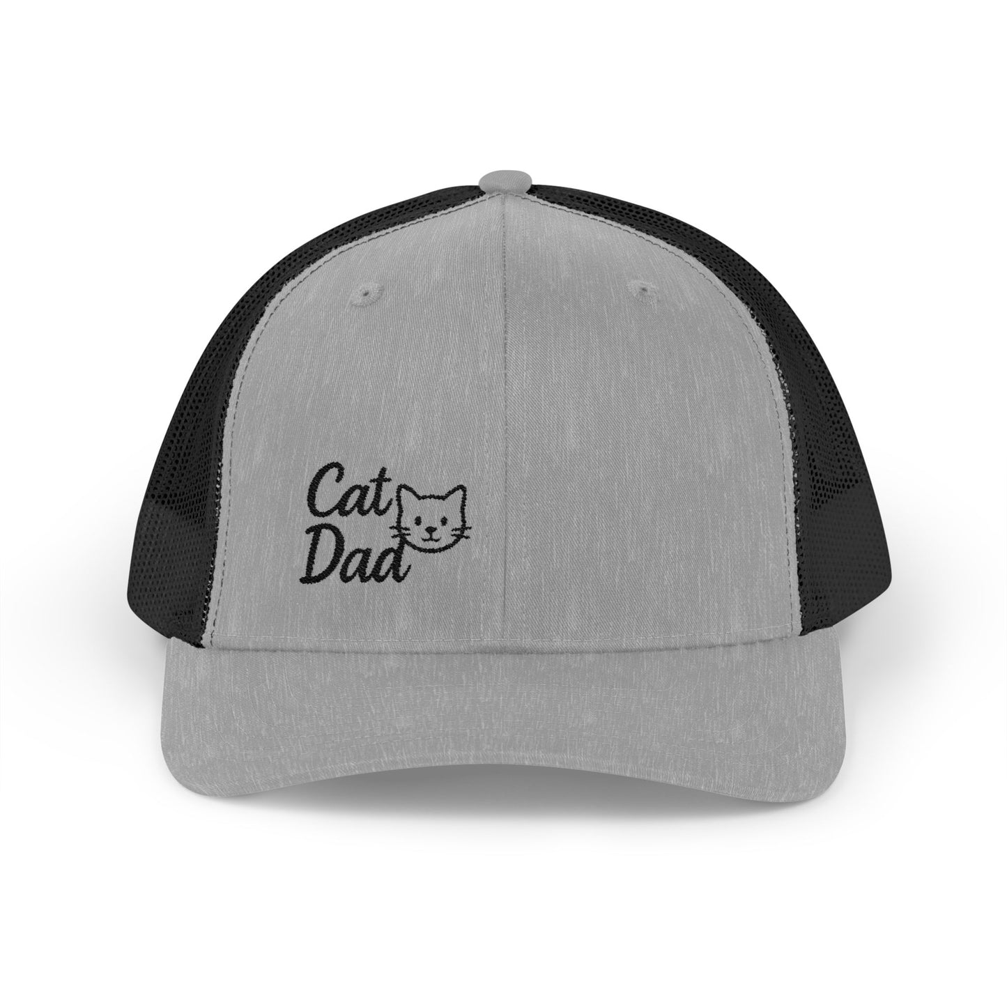 Cat Dad Trucker Hat – Embroidered Minimalist Cat Face Hat for Proud Pet Dads and Feline Fans. Black Letters