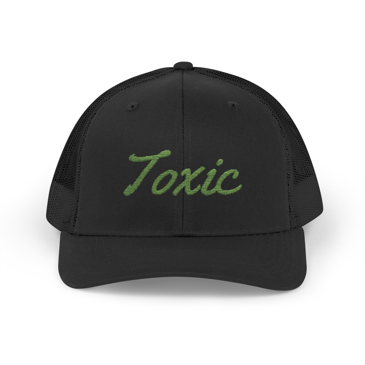Toxic Trucker Hat – Embroidered Green Script Hat for Ironic Vibes and Bold Personality