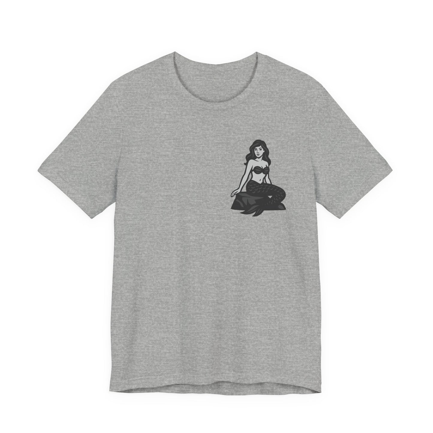 Mermaid Graphic T-Shirt – Dark Theme Grayscale Siren on Rock Design on Black Tee with Fantasy Vibes and Modern Ghost Effect. Unisex Jersey Short Sleeve Tee