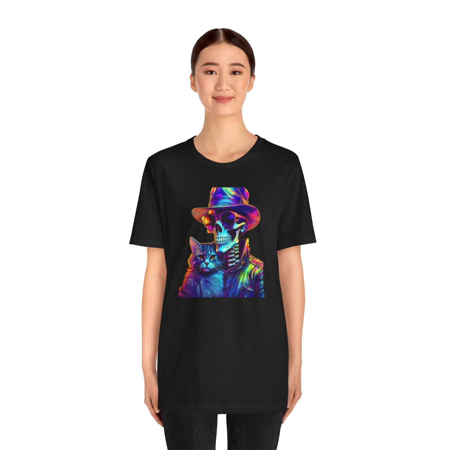 Cool Skeleton and Cat Halloween Shirt – Neon Retro Horror Graphic Tee for Spooky Style and Cat Lovers