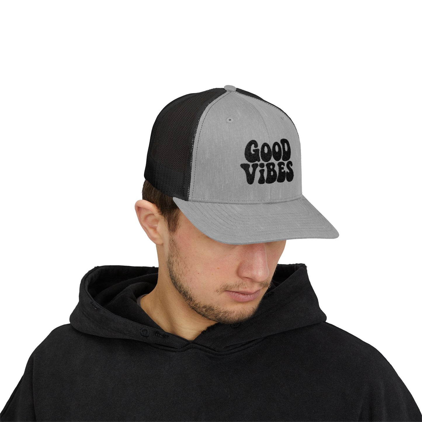 Good Vibes Trucker Hat – Embroidered Retro Text Hat for Positive Vibes, Chill Style, and Everyday Feel-Good Energy. Black Letters