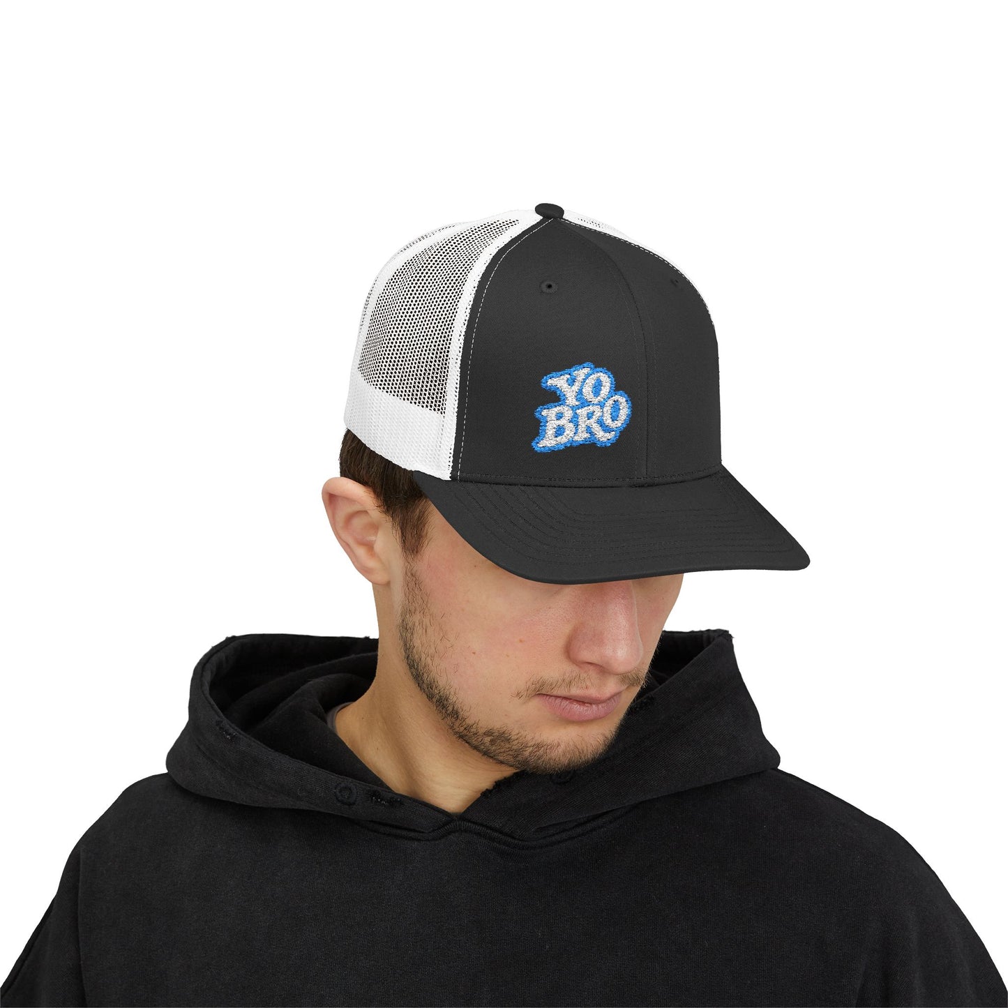 Yo Bro Trucker Hat – Embroidered Blue & White Hat for Laid-Back Vibes