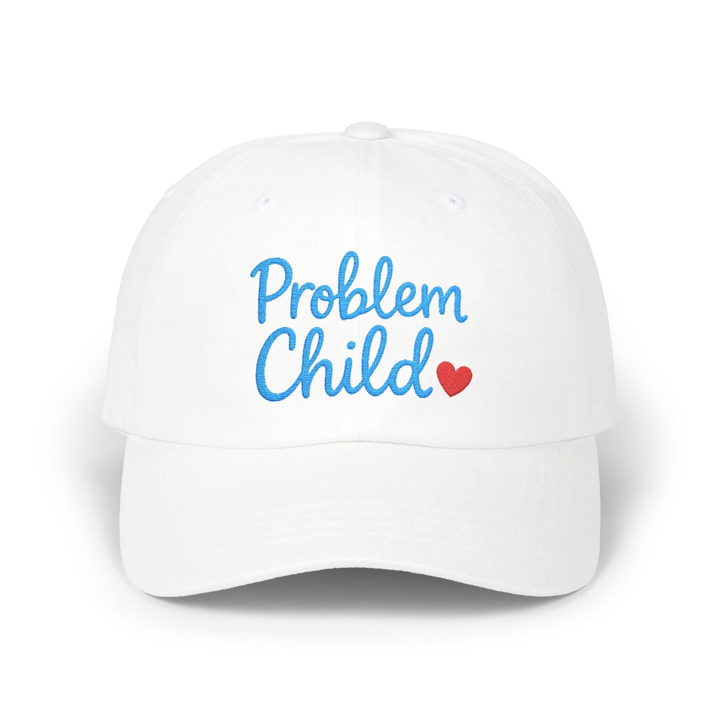 Problem Child Embroidered Classic Dad Hat – Bold Script Baseball Hat with Red Heart for the Unruly and Unapologetic. Blue Letters