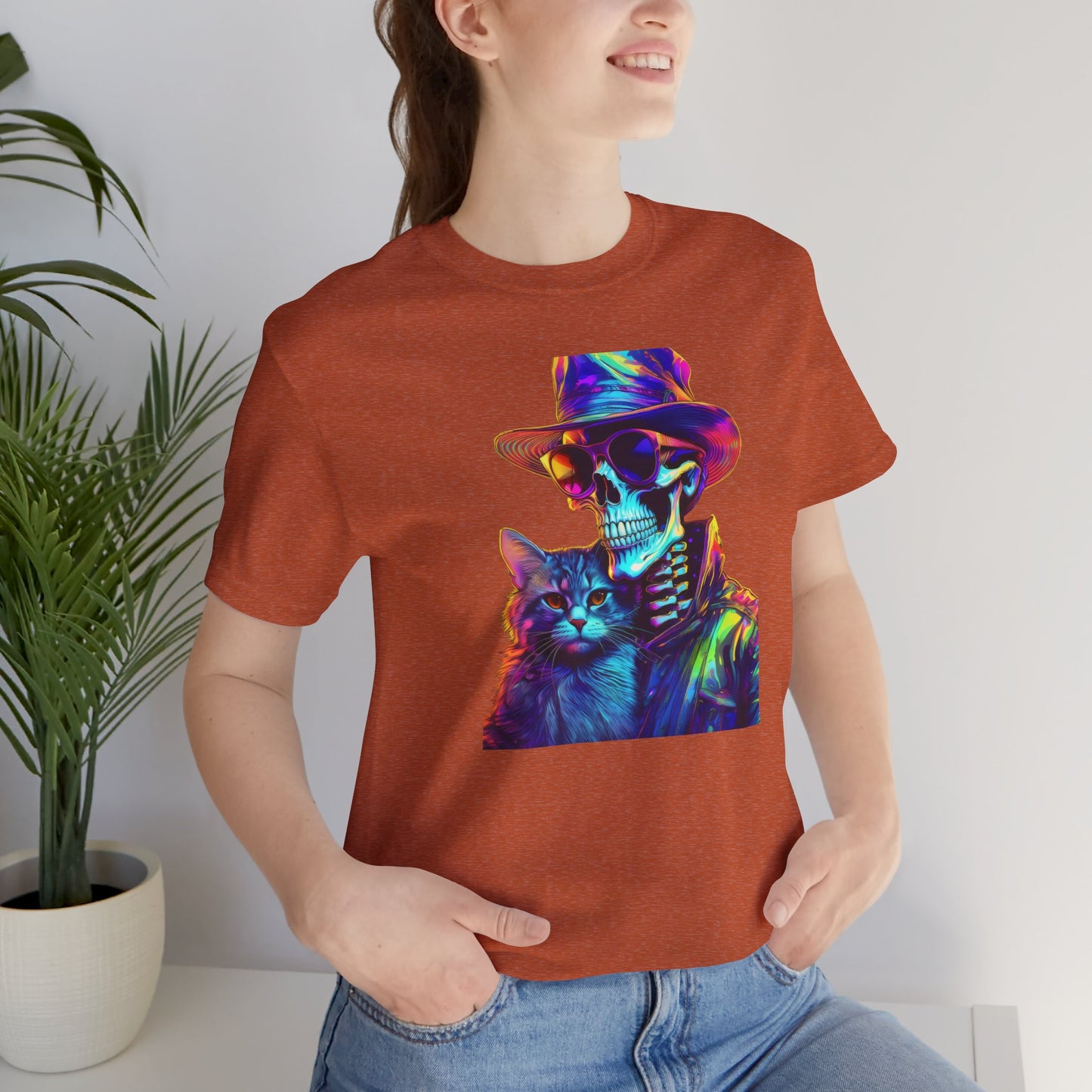 Cool Skeleton and Cat Halloween Shirt – Neon Retro Horror Graphic Tee for Spooky Style and Cat Lovers