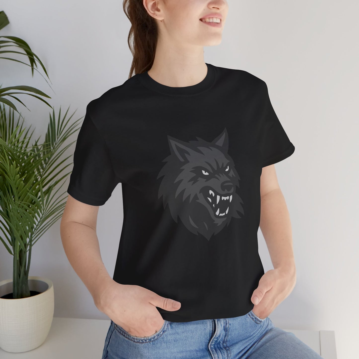 Dark Theme Wolf Head Shirt – Fierce Growling Wolf Face Graphic in Black and Grey for Bold, Edgy Style. Unisex Jersey Short Sleeve Tee