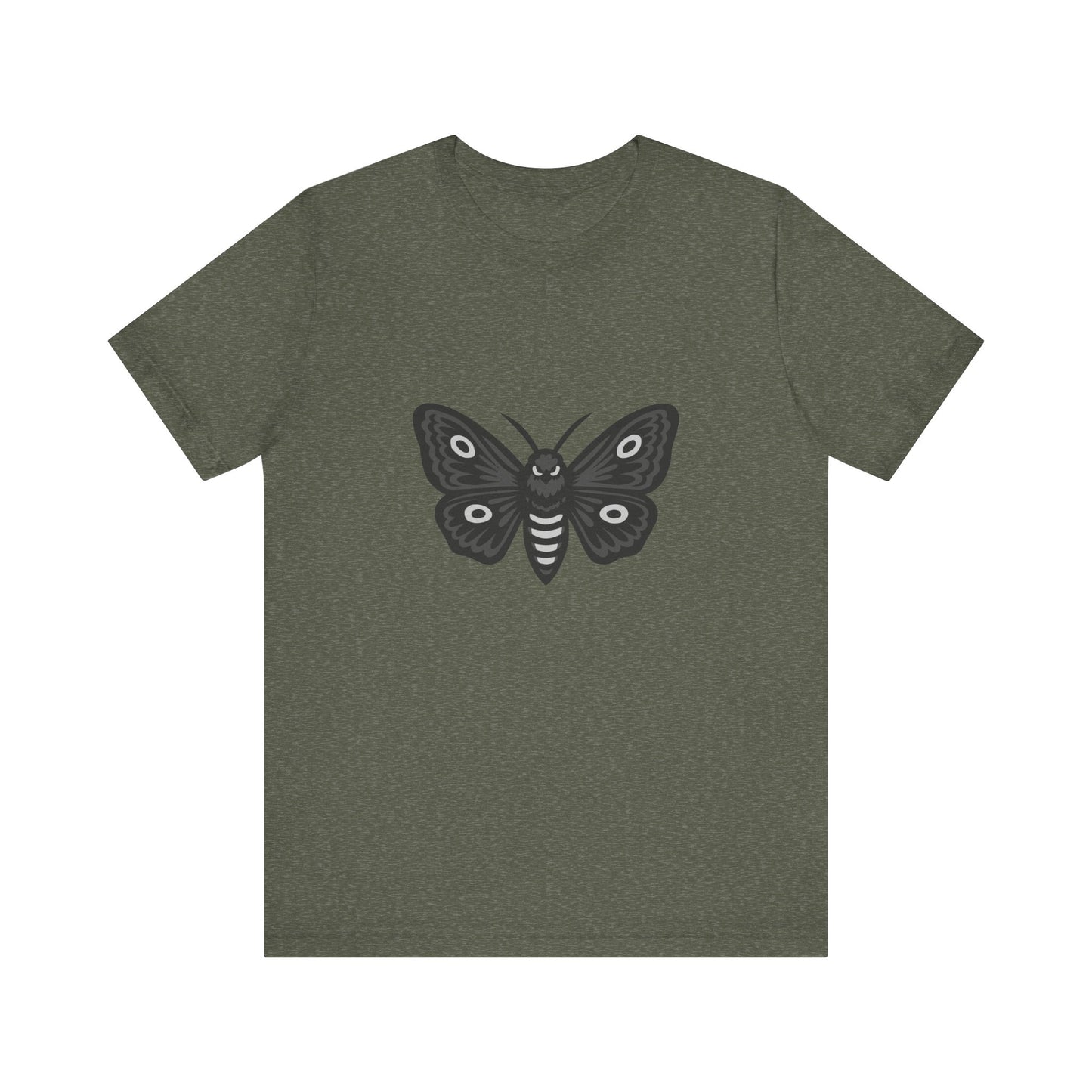 Moth Graphic T-Shirt – Dark Theme Grayscale Winged Insect Design on Black Tee with Gothic Mood and Subtle Modern Ghost Effect. Unisex Jersey Short Sleeve Tee