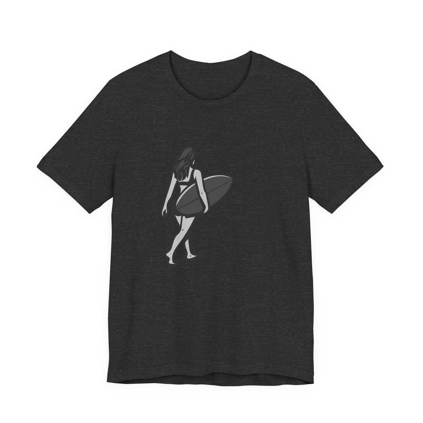 Surfer Girl Walking Graphic T-Shirt – Dark Theme Grayscale Beach Scene on Black Tee with Coastal Calm and Modern Ghost Effect. Unisex Jersey Short Sleeve Tee