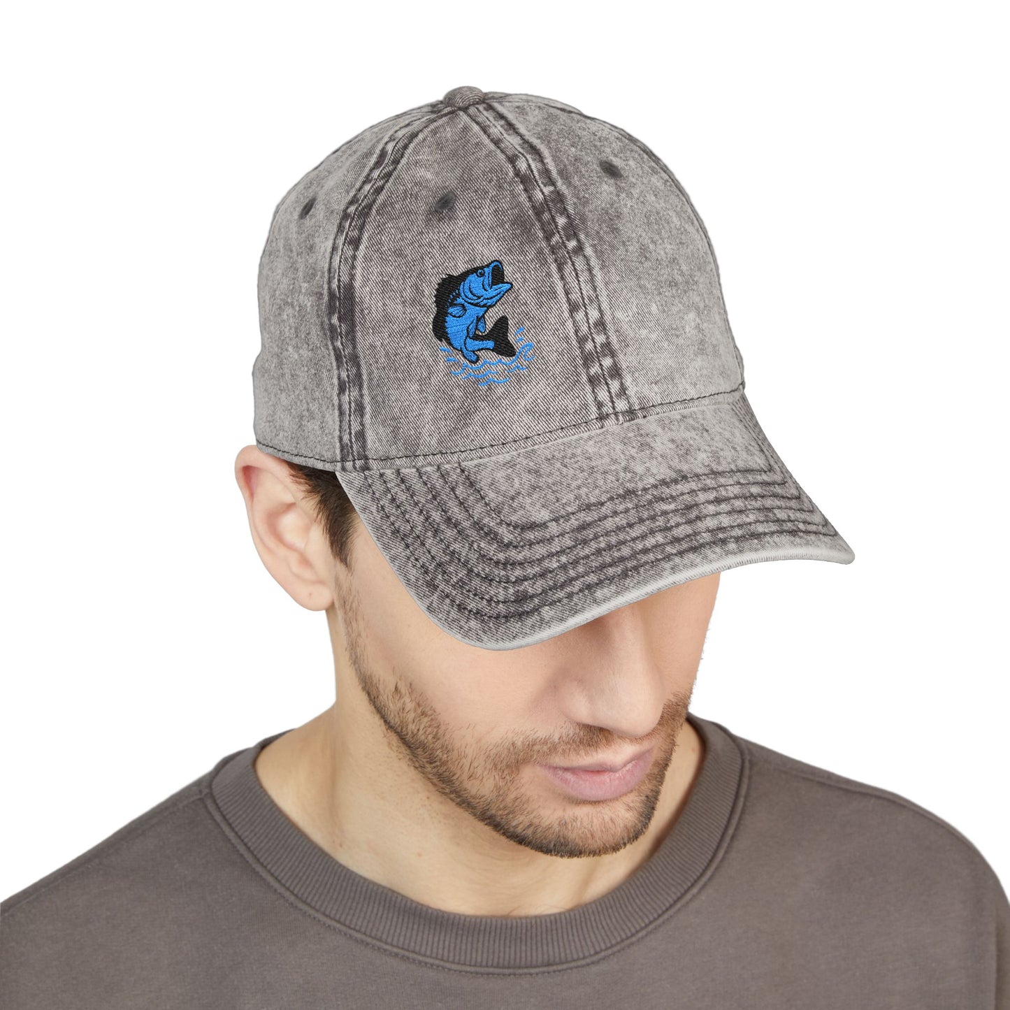 Jumping Fish Vintage Hat – Embroidered Blue Fishing Hat for Anglers, Lake Days, and Outdoor Style