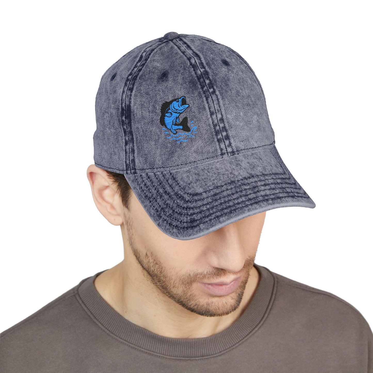 Jumping Fish Vintage Hat – Embroidered Blue Fishing Hat for Anglers, Lake Days, and Outdoor Style
