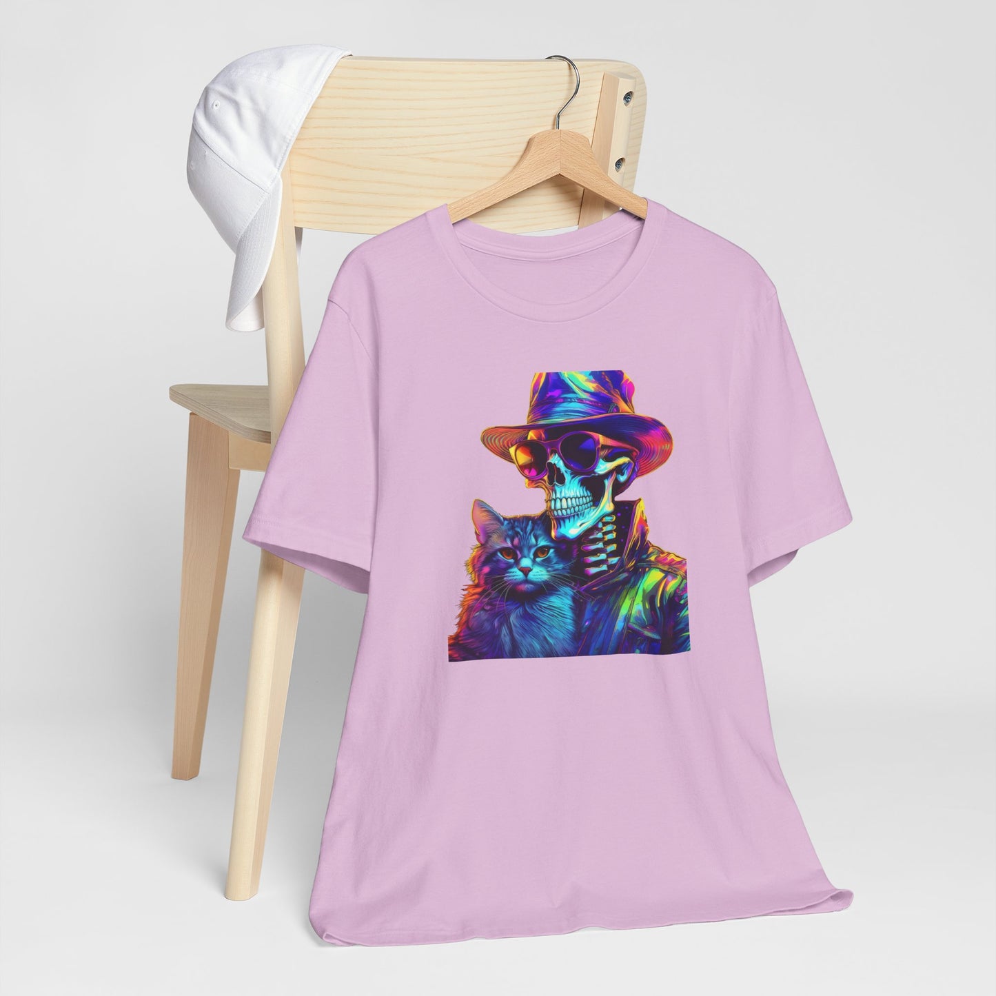 Cool Skeleton and Cat Halloween Shirt – Neon Retro Horror Graphic Tee for Spooky Style and Cat Lovers