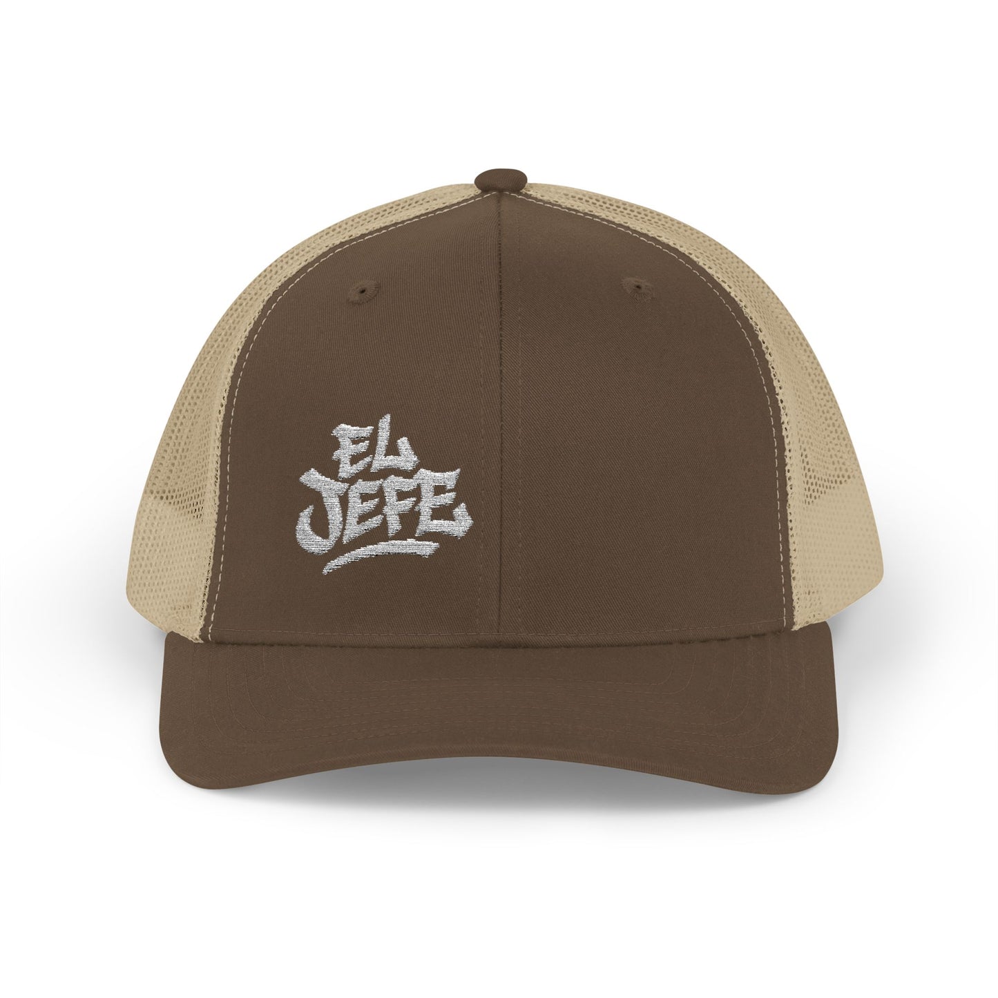 El Jefe Trucker Hat – Embroidered Bold Text Hat for Boss Energy, Leadership Style, and Latin Flair. White Letters