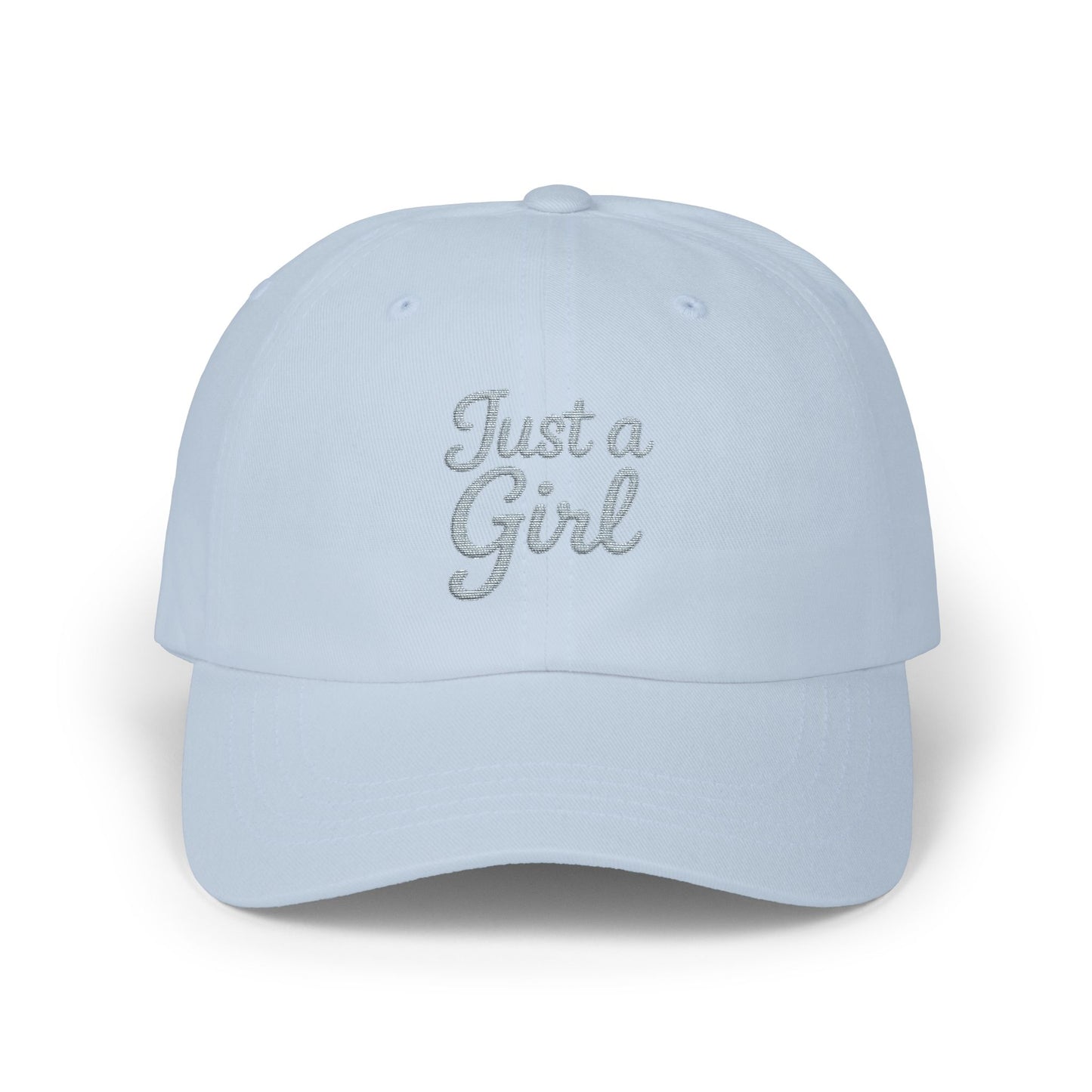 Just a Girl Embroidered Classic Dad Hat – Minimalist Script Baseball Hat with Bold Feminine Energy and Classic Style. Grey Letters