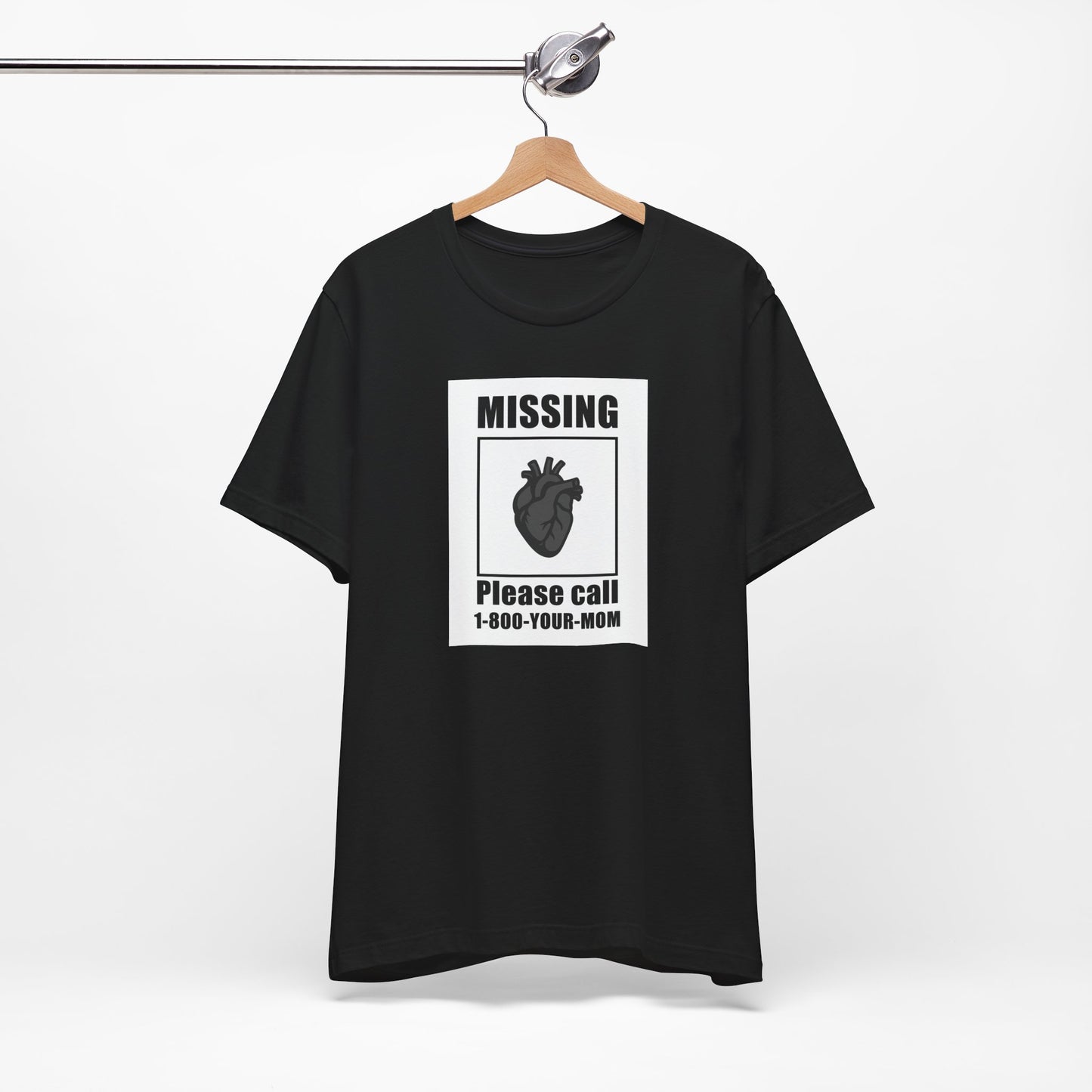 Missing Heart Poster Shirt Dark Theme Design Featuring Anatomical Heart and Funny Phone Number. Unisex Jersey Short Sleeve Tee