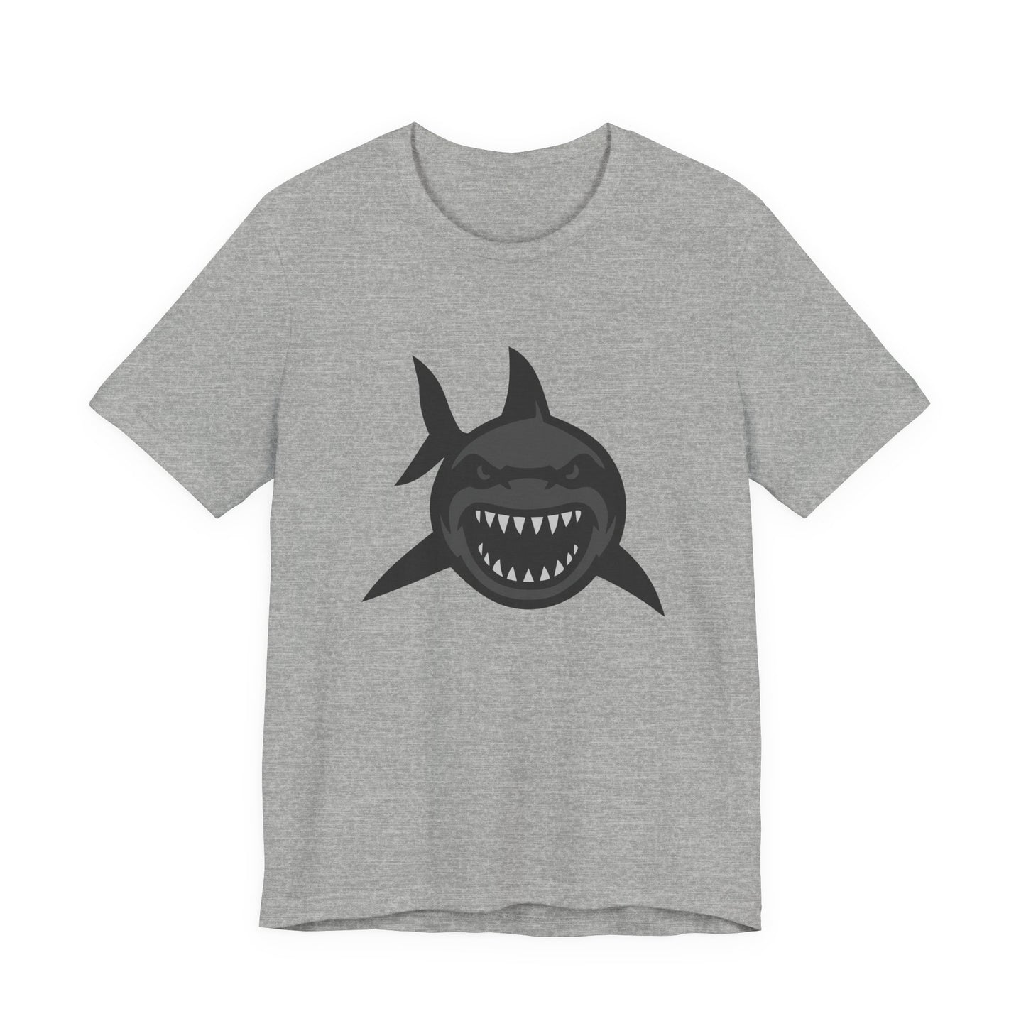 Ferocious Shark Face Graphic Tee with a Bold Bite – Dark Theme Ocean Predator Shirt in Black and Grey. Unisex Jersey Short Sleeve Tee