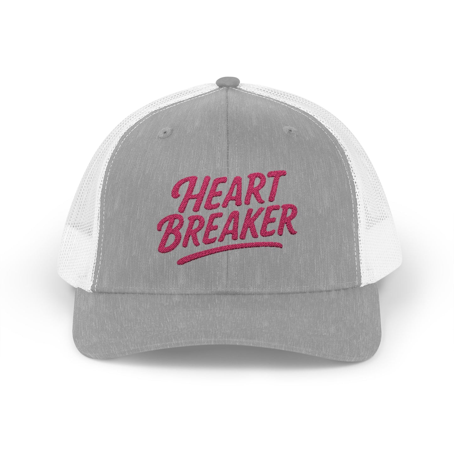 Heartbreaker Trucker Hat – Bold Baseball Hat with Retro Script and Broken Heart Design for Confident Rule-Breakers. Pink Letters