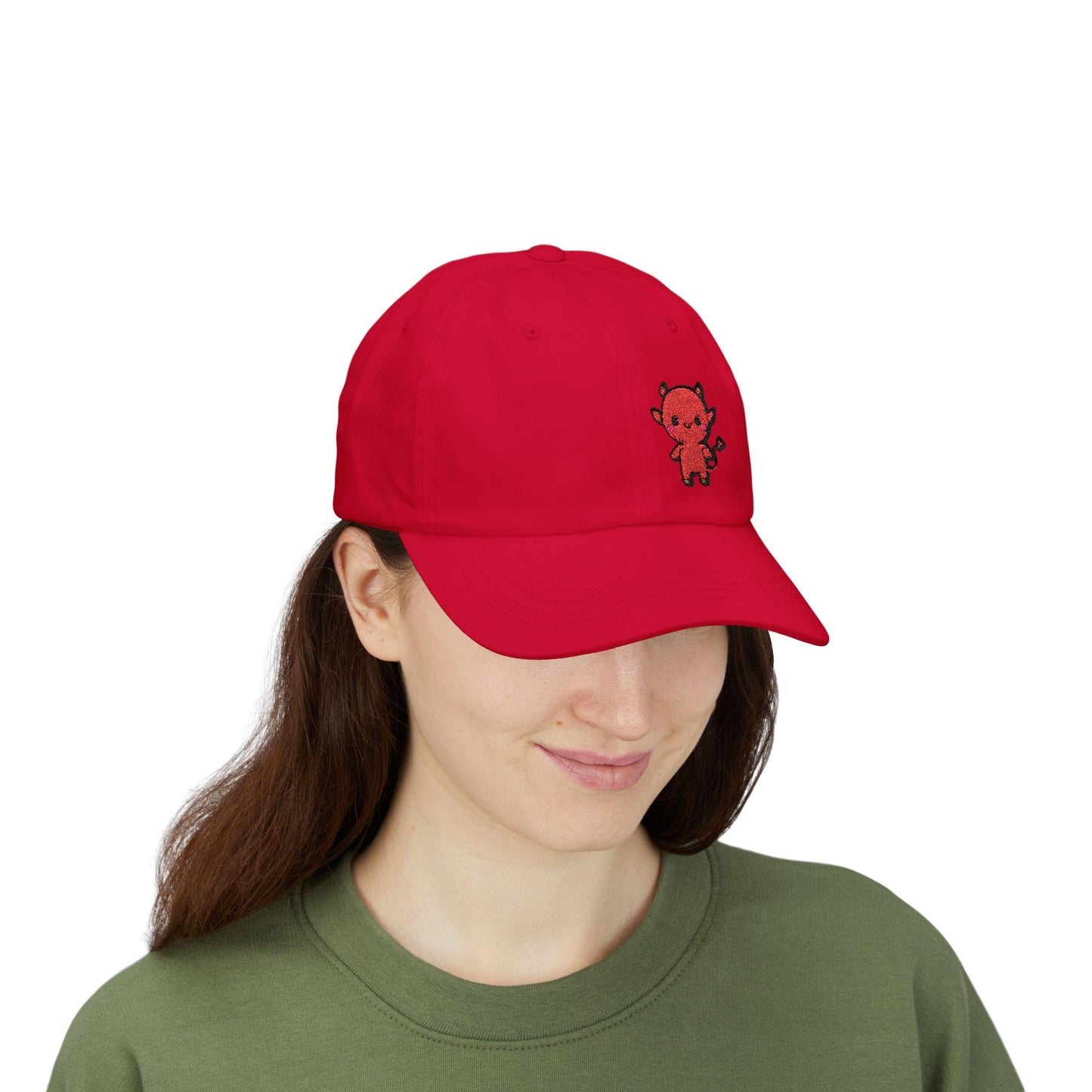 Lil Devil Embroidered Classic Dad Hat – Cute Red Devil Design for Halloween, Spooky Style, and Mischievous Everyday Vibes