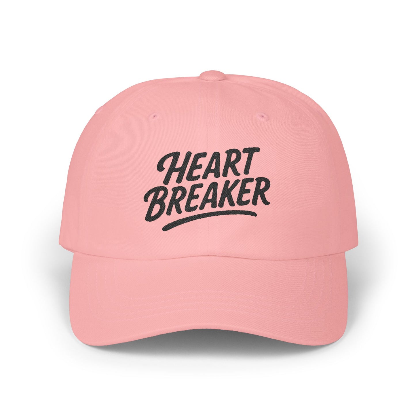 Heartbreaker Embroidered Classic Dad Hat – Bold Baseball Hat with Retro Script and Broken Heart Design for Confident Rule-Breakers. Black Letters