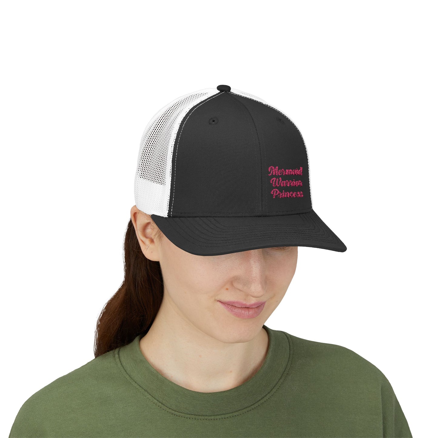 Mermaid Warrior Princess Trucker Hat – Embroidered Bold Text Hat for Magical Queens. Pink Letters