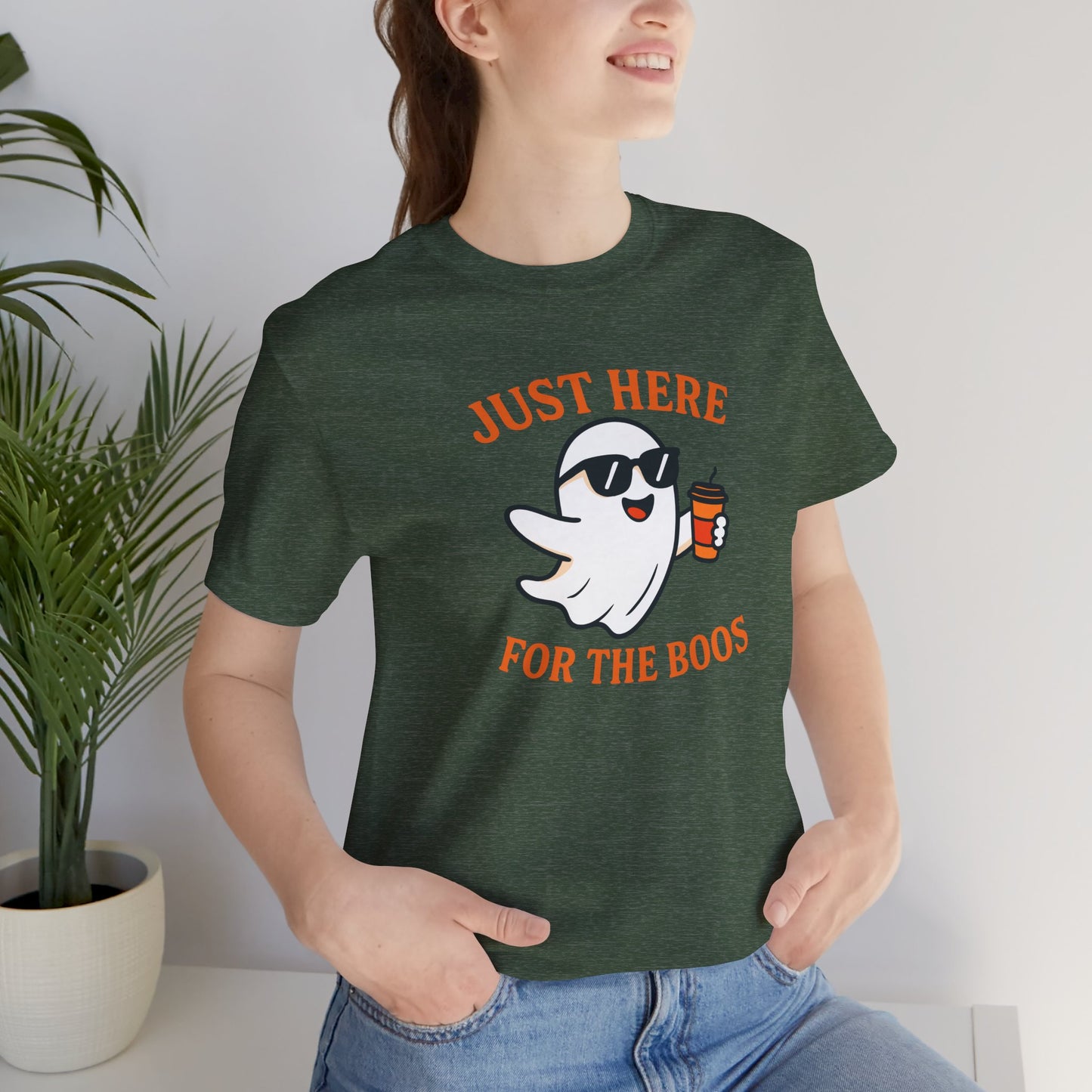 Just Here for the Boos Halloween Shirt – Funny Ghost Drinking Coffee Graphic Tee for Spooky Season