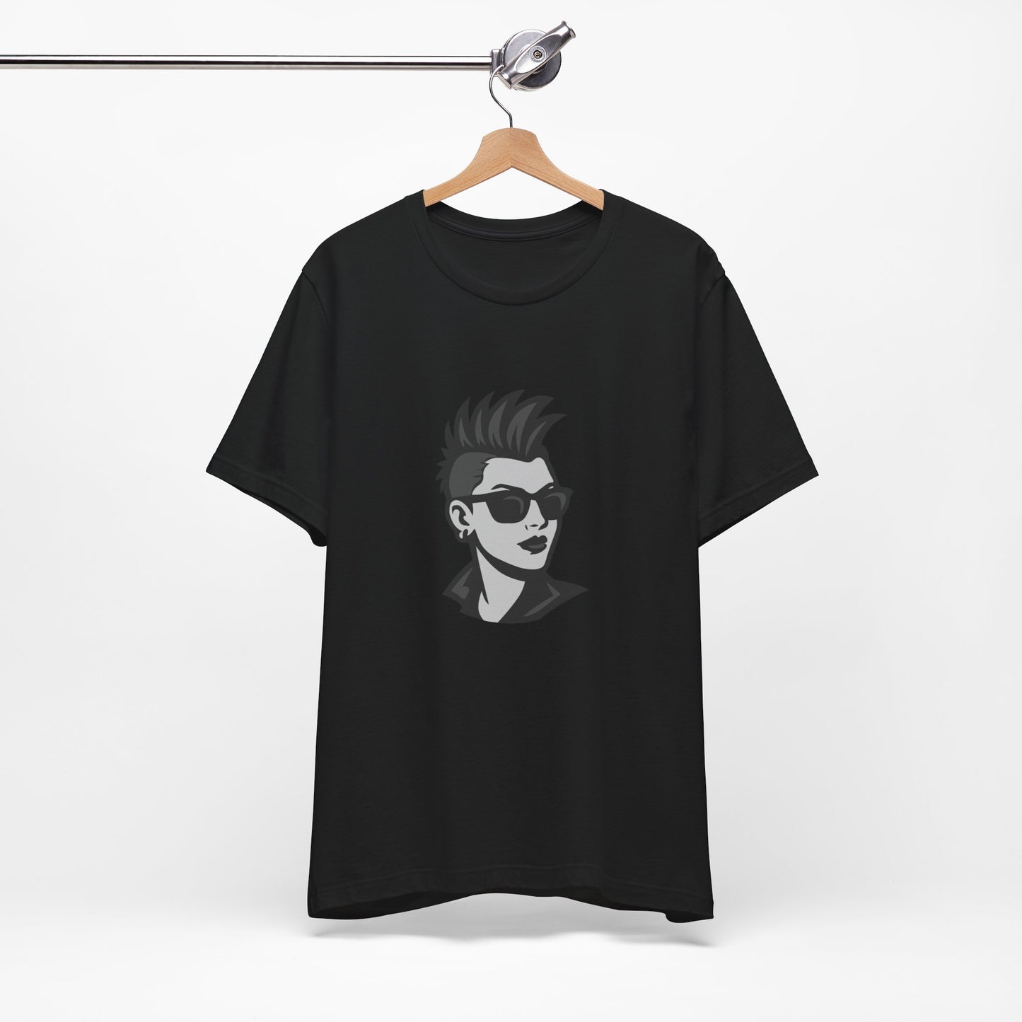 Punk Girl Graphic T-Shirt – Dark Theme Grayscale Spiked Hair Portrait on Black Tee with Bold Energy and Modern Ghost Effect. Unisex Jersey Short Sleeve Tee