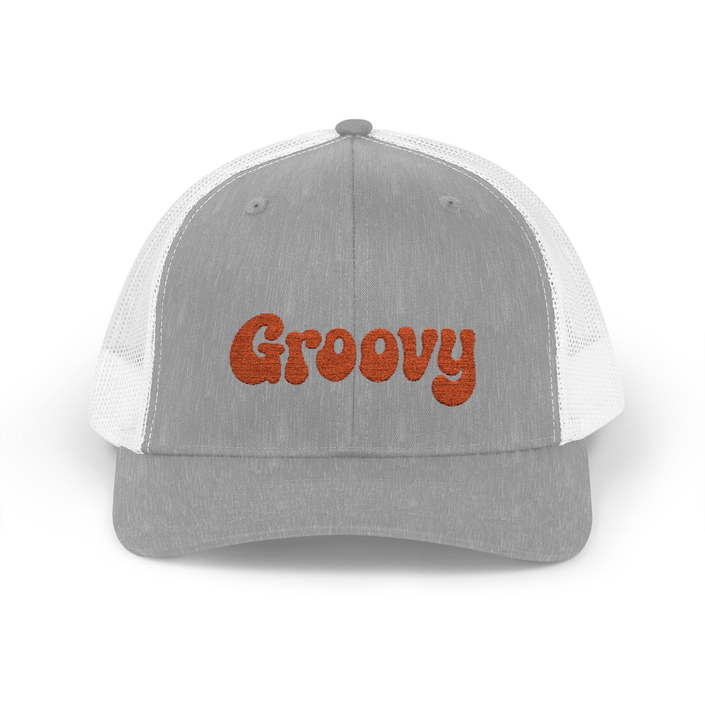 Groovy Trucker Hat – Retro Embroidered Hat with 70s Style Font for Funky Vibes, Chill Days, and Vintage Cool. Orange Letters