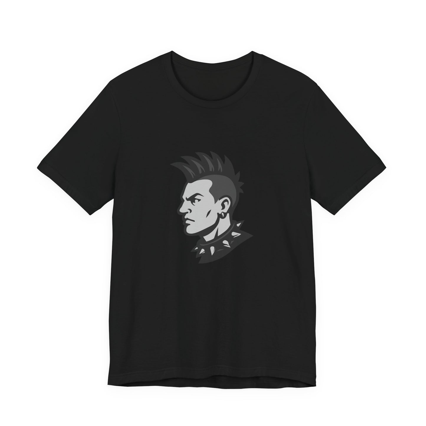 Punk Guy Graphic T-Shirt – Dark Theme Grayscale Mohawk Portrait on Black Tee with Attitude and Subtle Modern Ghost Effect. Unisex Jersey Short Sleeve Tee