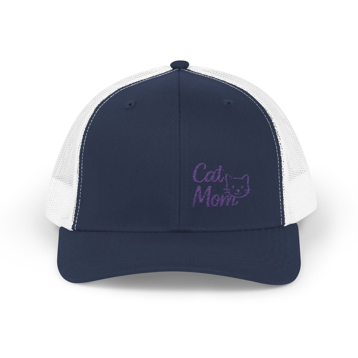Cat Mom Trucker Hat – Embroidered Minimalist Cat Face Hat for Proud Pet Moms and Stylish Feline Fans. Purple Letters