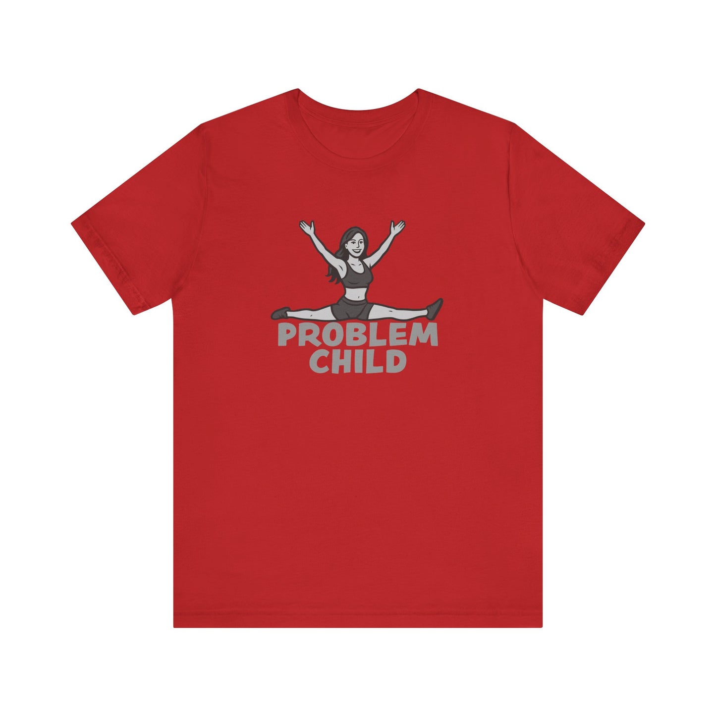 Problem Child Graphic Tee Cheerful Rebel Jump Pose in Bold Dark Theme Monochrome Style. Unisex Jersey Short Sleeve Tee