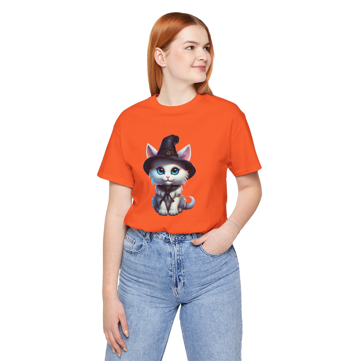 Adorable Witch Cat Halloween Shirt – Cute White Cat in Hat Graphic Tee for Cat Lovers and Halloween Fans
