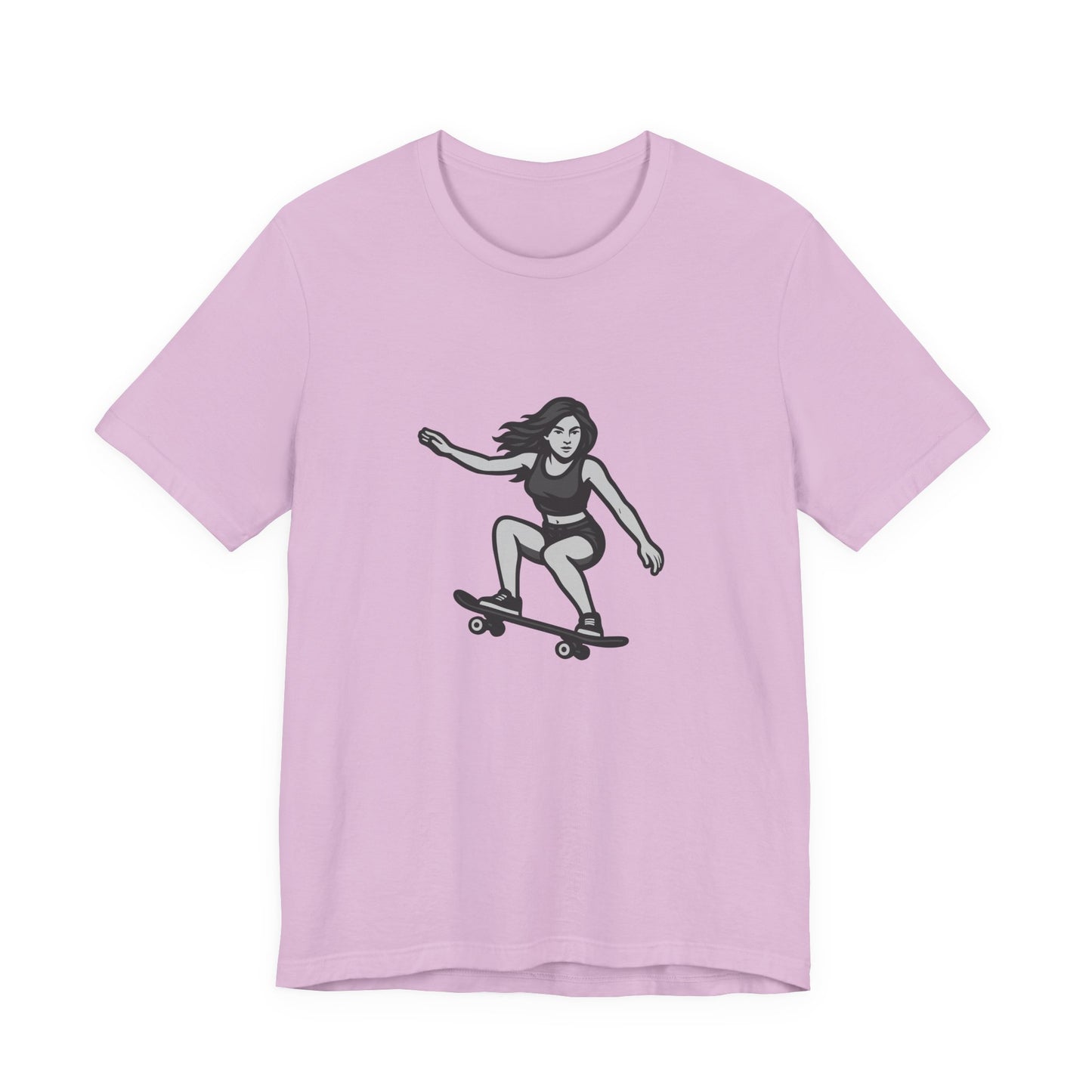 Skater Girl Graphic T-Shirt – Dark Theme Grayscale Skateboarding Design on Black Tee with Bold Motion and Modern Ghost Effect. Unisex Jersey Short Sleeve Tee