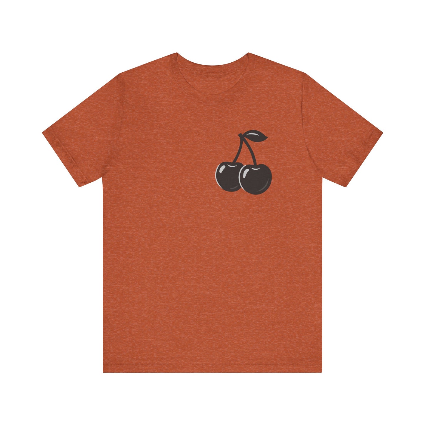 Dark Cherry Graphic T-Shirt – Minimal Dark Theme Grayscale Fruit Design on Black Tee with Subtle Style and Modern Ghost Effect. Unisex Jersey Short Sleeve Tee