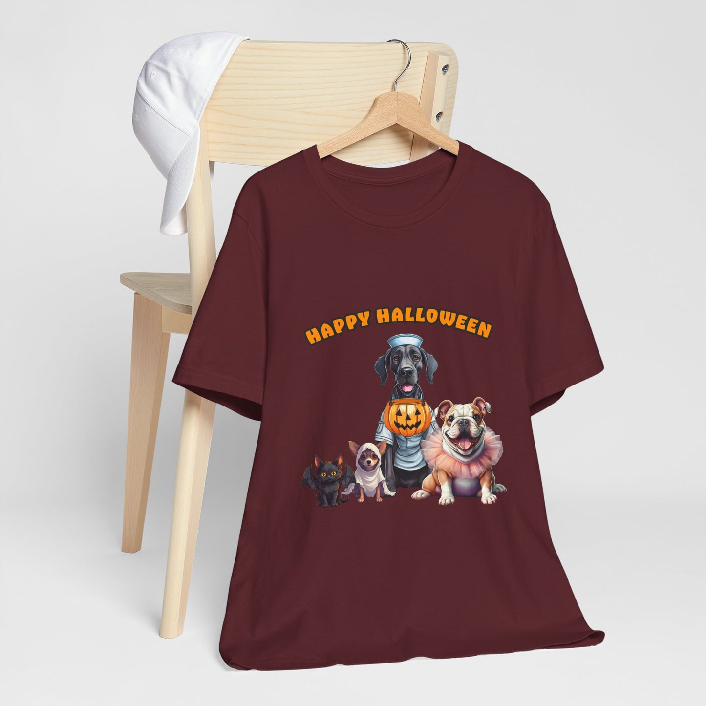 Happy Halloween Pet Parade Shirt – Cute Halloween Dogs and Cat in Costumes. Unisex Jersey Short Sleeve Tee