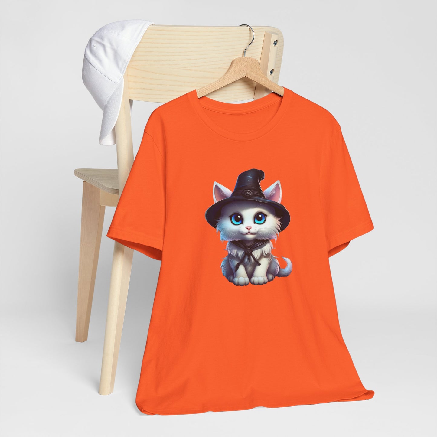 Adorable Witch Cat Halloween Shirt – Cute White Cat in Hat Graphic Tee for Cat Lovers and Halloween Fans