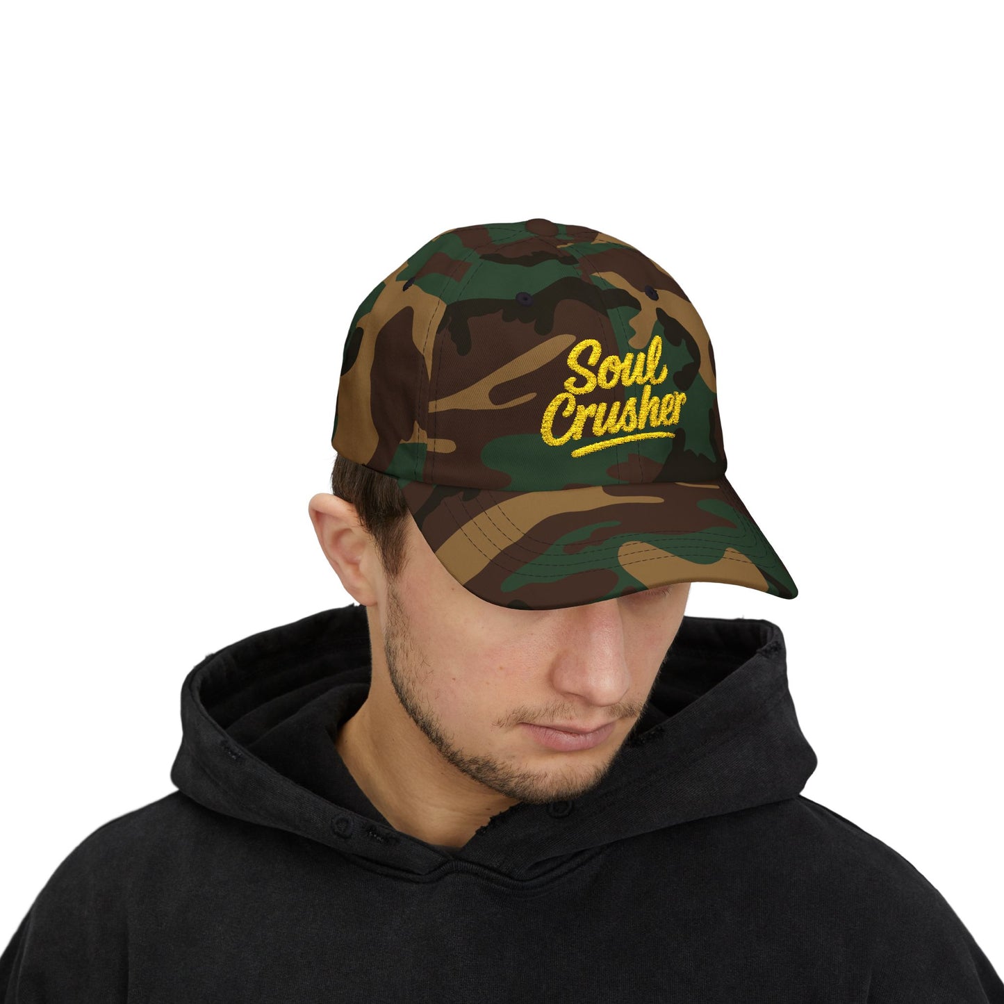 Soul Crusher Embroidered Classic Dad Hat – Clean Script Baseball Hat with Bold Edge for Heartbreakers, Villains, and Power Moves. Yellow Letters