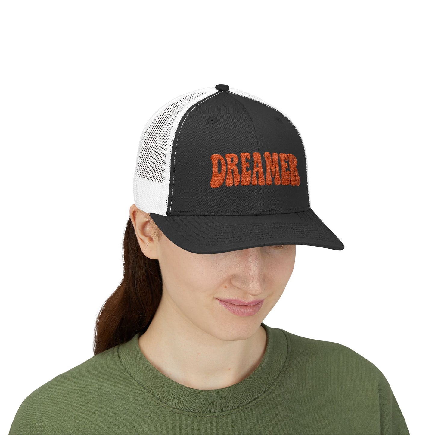 Dreamer Trucker Hat – Embroidered Minimalist Script Hat for Visionaries, Creatives, and Chill Daydreamers. Orange Letters