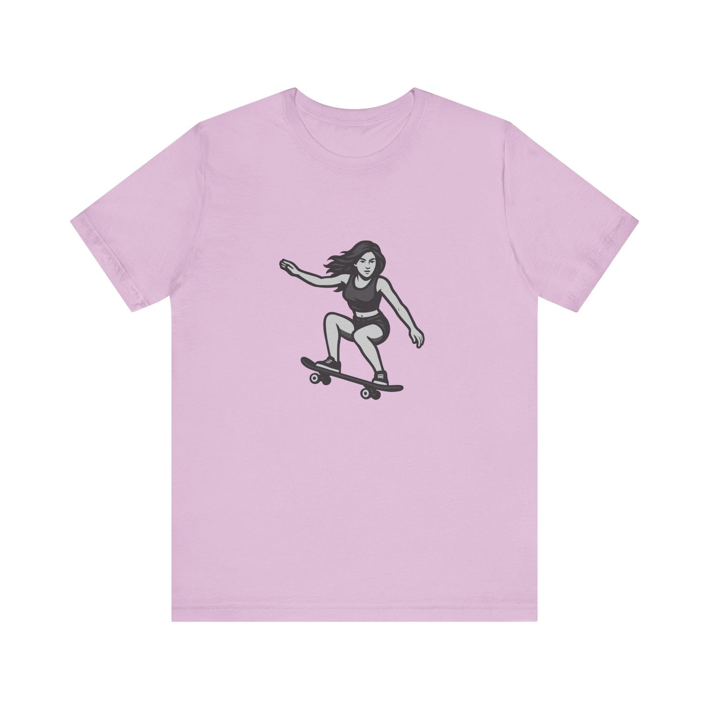 Skater Girl Graphic T-Shirt – Dark Theme Grayscale Skateboarding Design on Black Tee with Bold Motion and Modern Ghost Effect. Unisex Jersey Short Sleeve Tee