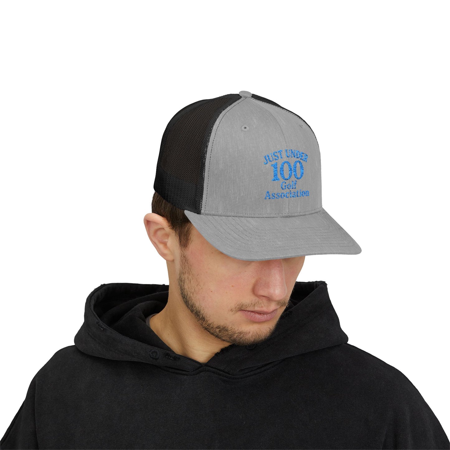 Just Under 100 Golf Trucker Hat – Embroidered Funny Golf Hat for Weekend Golfers and Casual Fairway Vibes. Blue Letters