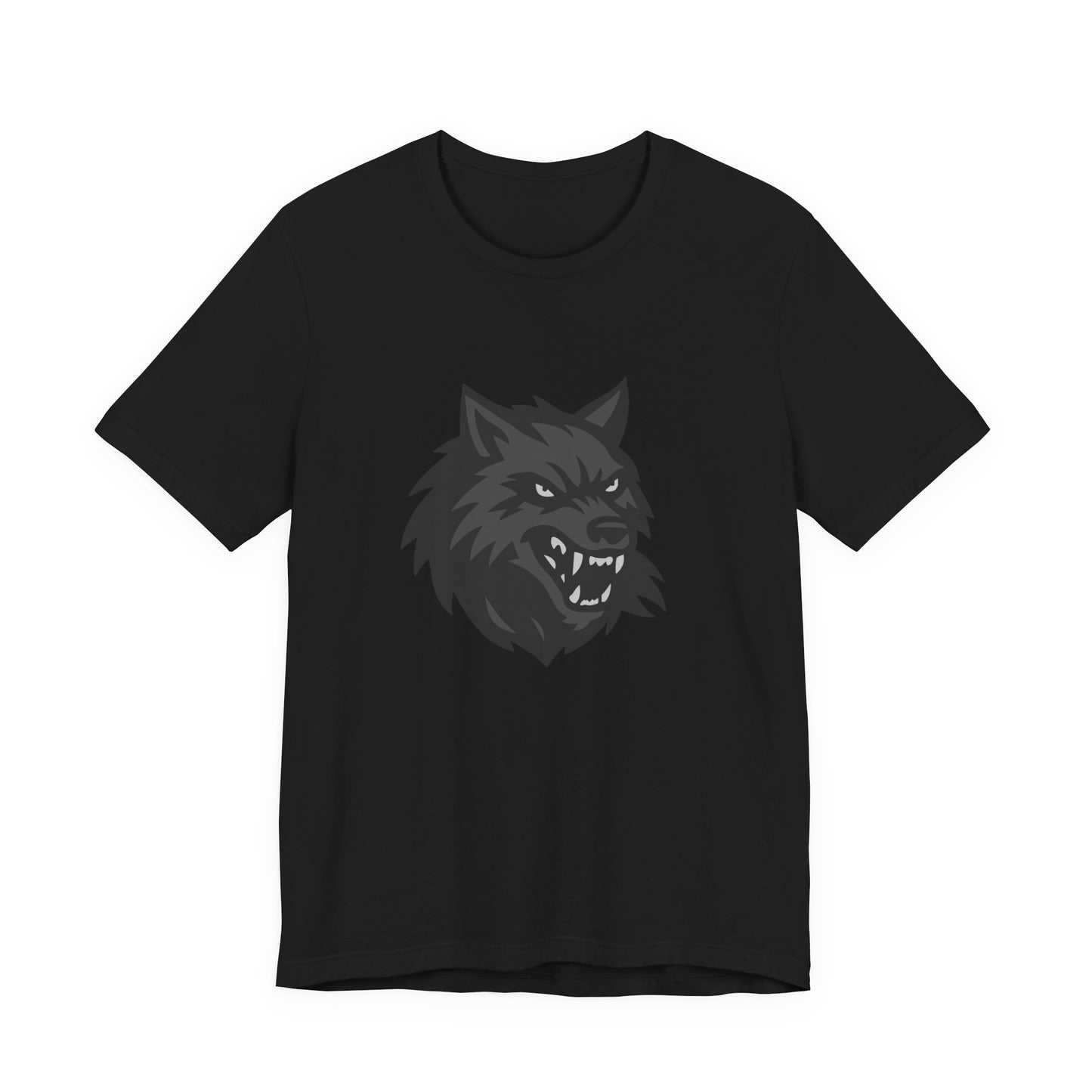 Dark Theme Wolf Head Shirt – Fierce Growling Wolf Face Graphic in Black and Grey for Bold, Edgy Style. Unisex Jersey Short Sleeve Tee
